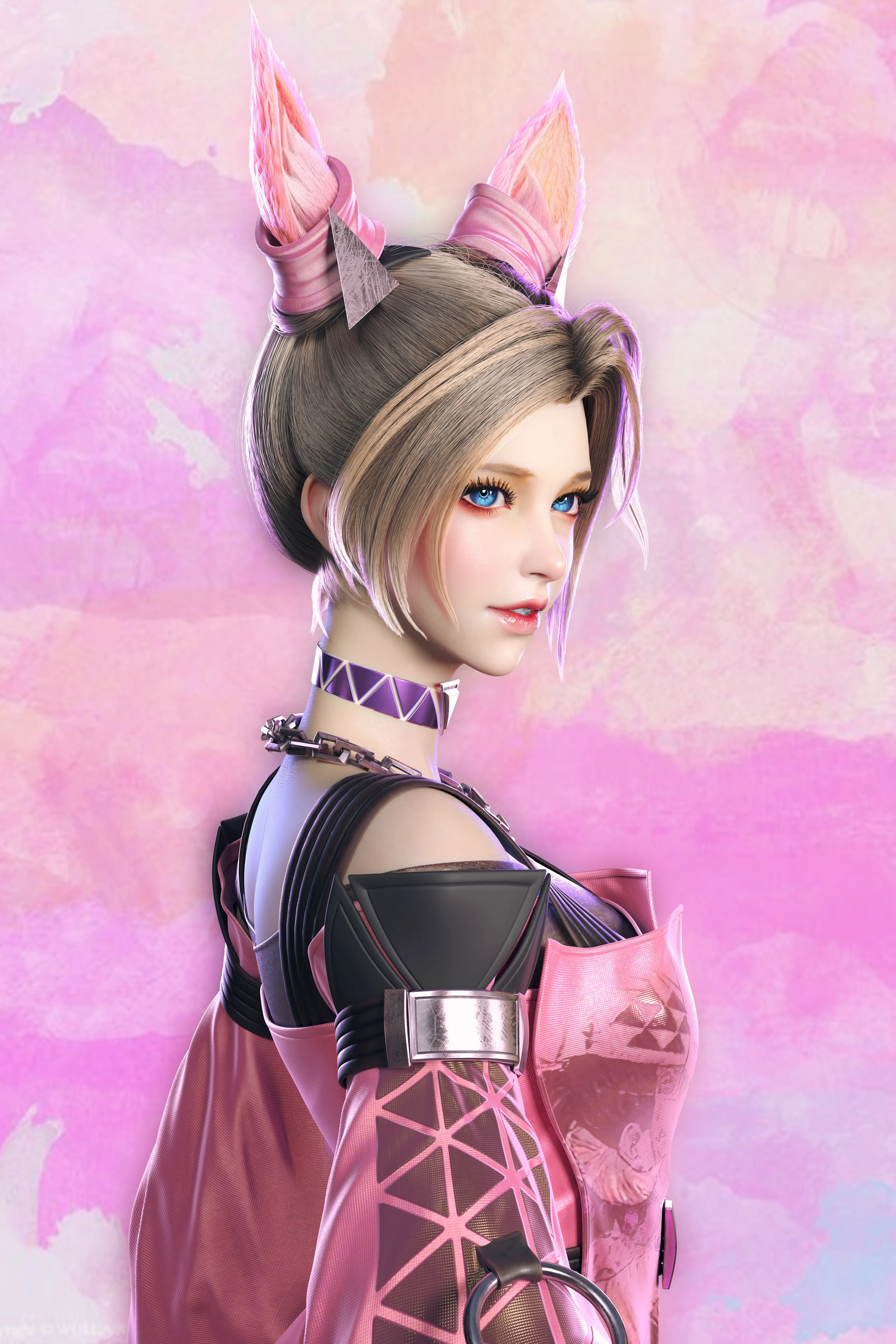 女人 金发 短发 蓝眼睛 目光 移开 发饰 粉色 衣服 项链 数码艺术 手机壁纸 4K壁纸