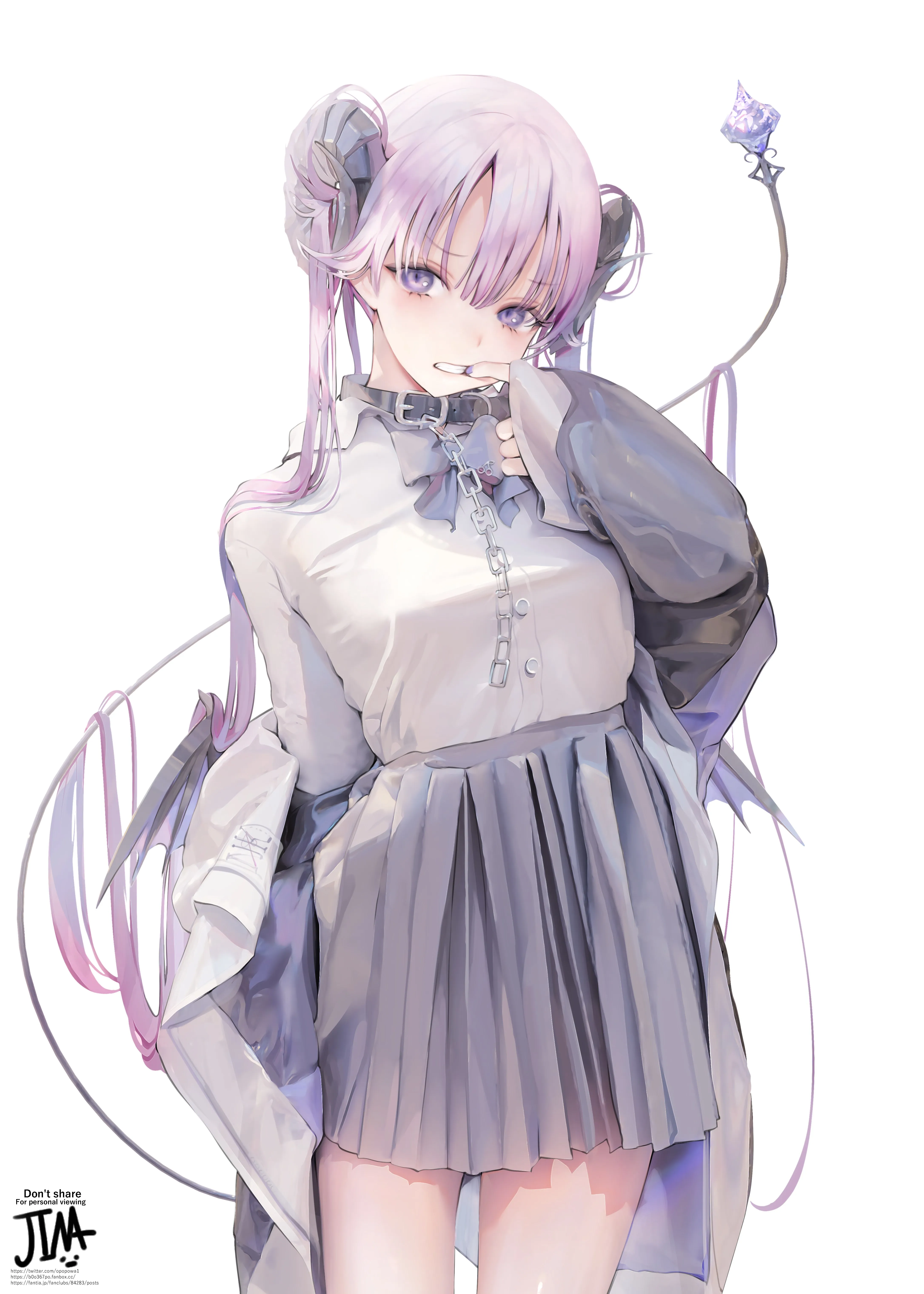 紫色头发 吉玛 动漫 女孩 紫色眼睛 角 领子 链子 白色背景 简单背景 手机壁纸 4K壁纸