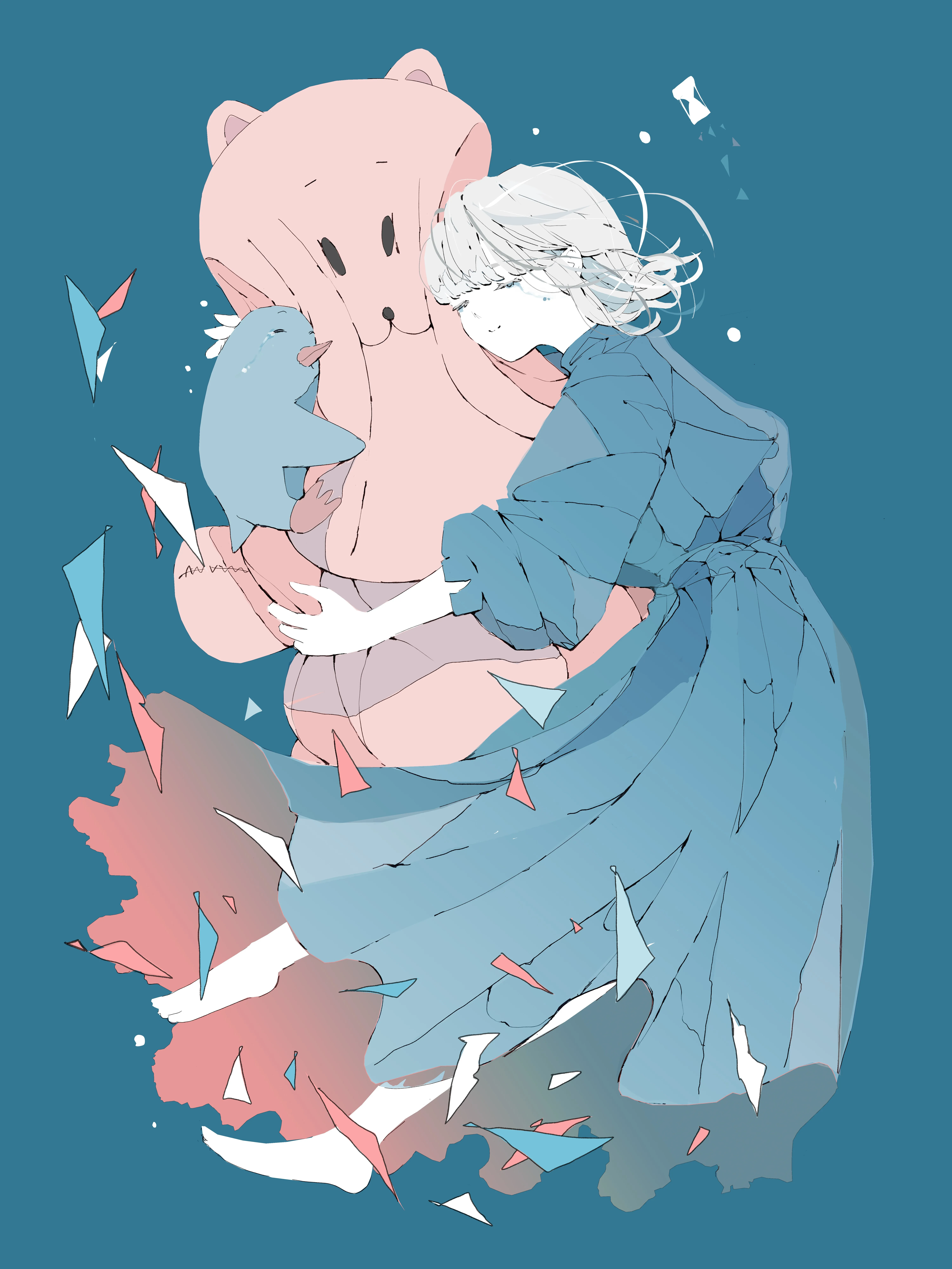 闭眼 短发 动漫 女孩 连衣裙 蓝色背景 简单背景 极简主义 手机壁纸 4K壁纸