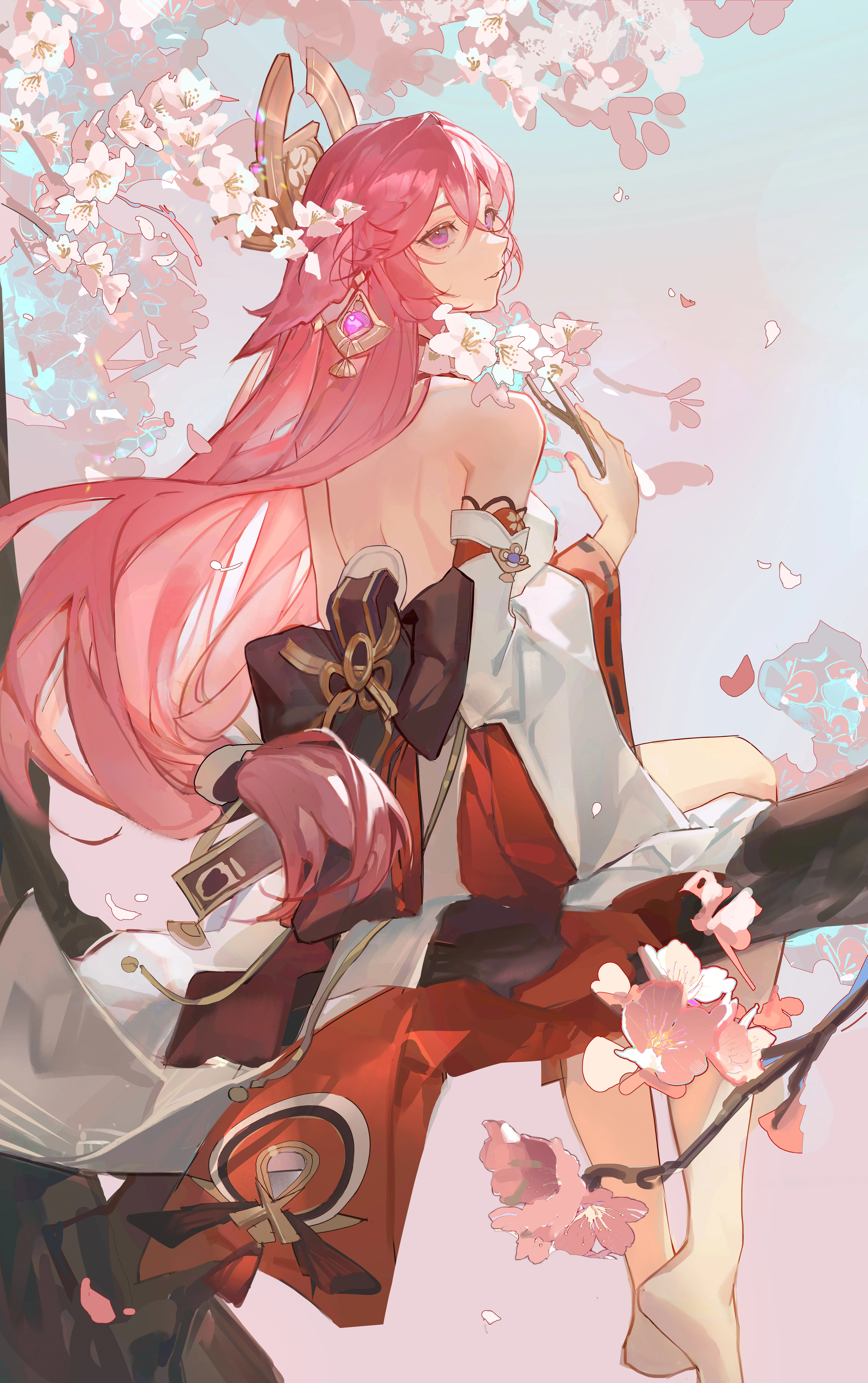 粉红色头发 赤脚 佛耳 长发 动漫 女孩 紫色眼睛 和服 佛女孩 樱花 花 花瓣 手机壁纸 4K壁纸
