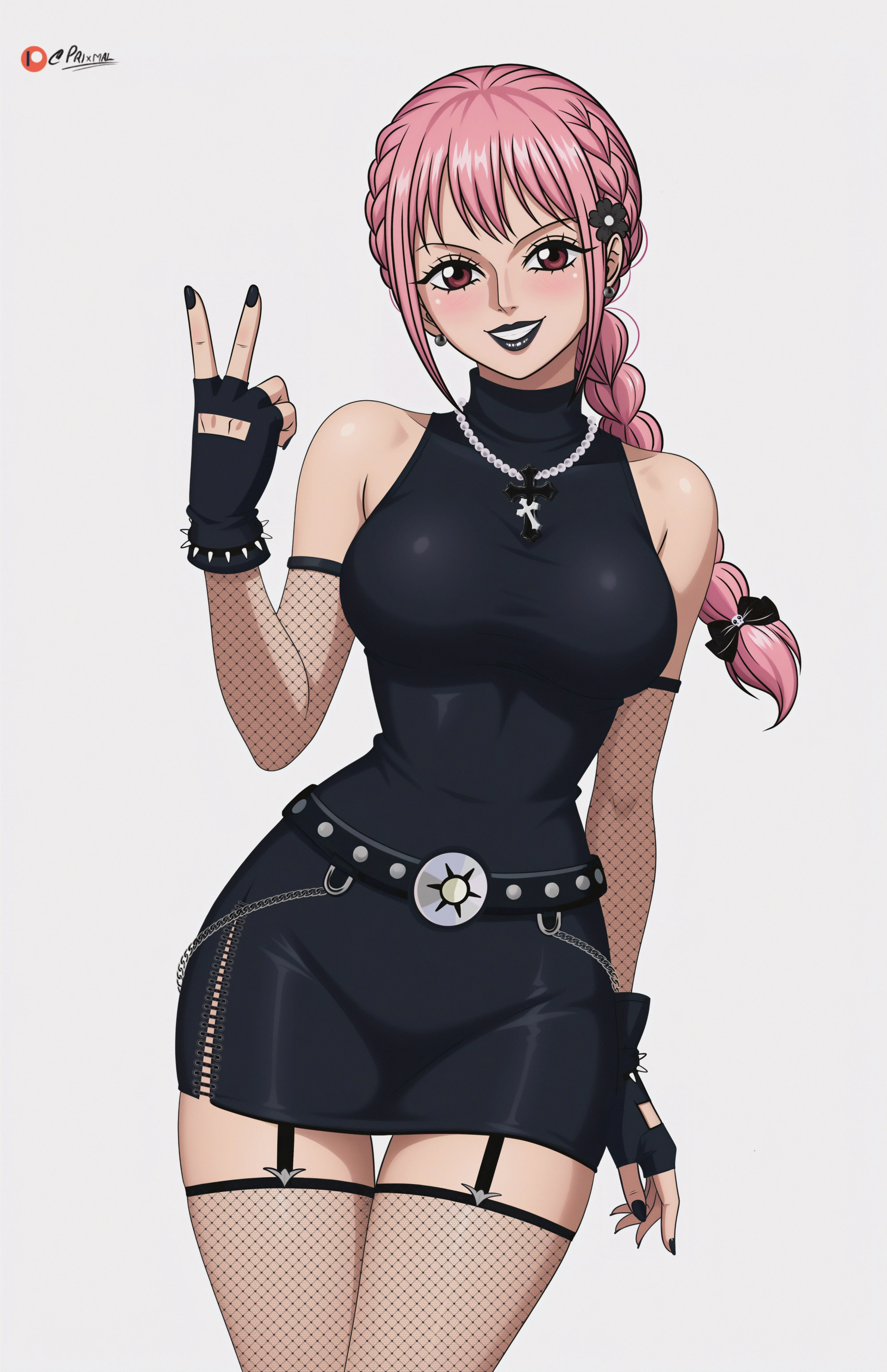 长发 粉色头发 微笑 动漫 丽贝卡 同人 女孩 海贼王 黑色衣服 项链 连衣裙 白色背景 丝袜 手机壁纸 4K壁纸