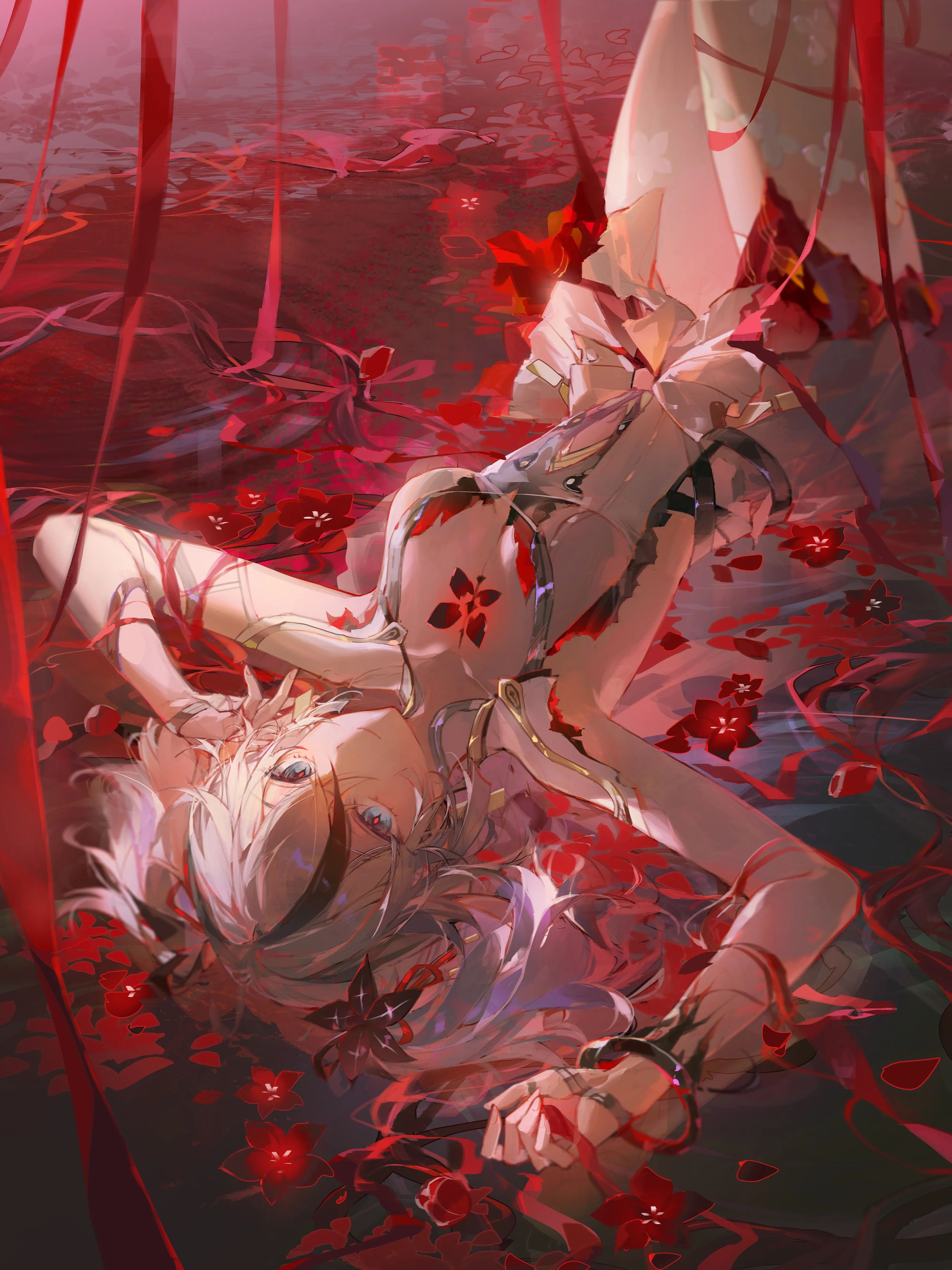 电子 游戏 角色 白发 双色头发 呼啸波 Camellya 水中 衣服 红花 双胞胎 手机壁纸 4K壁纸