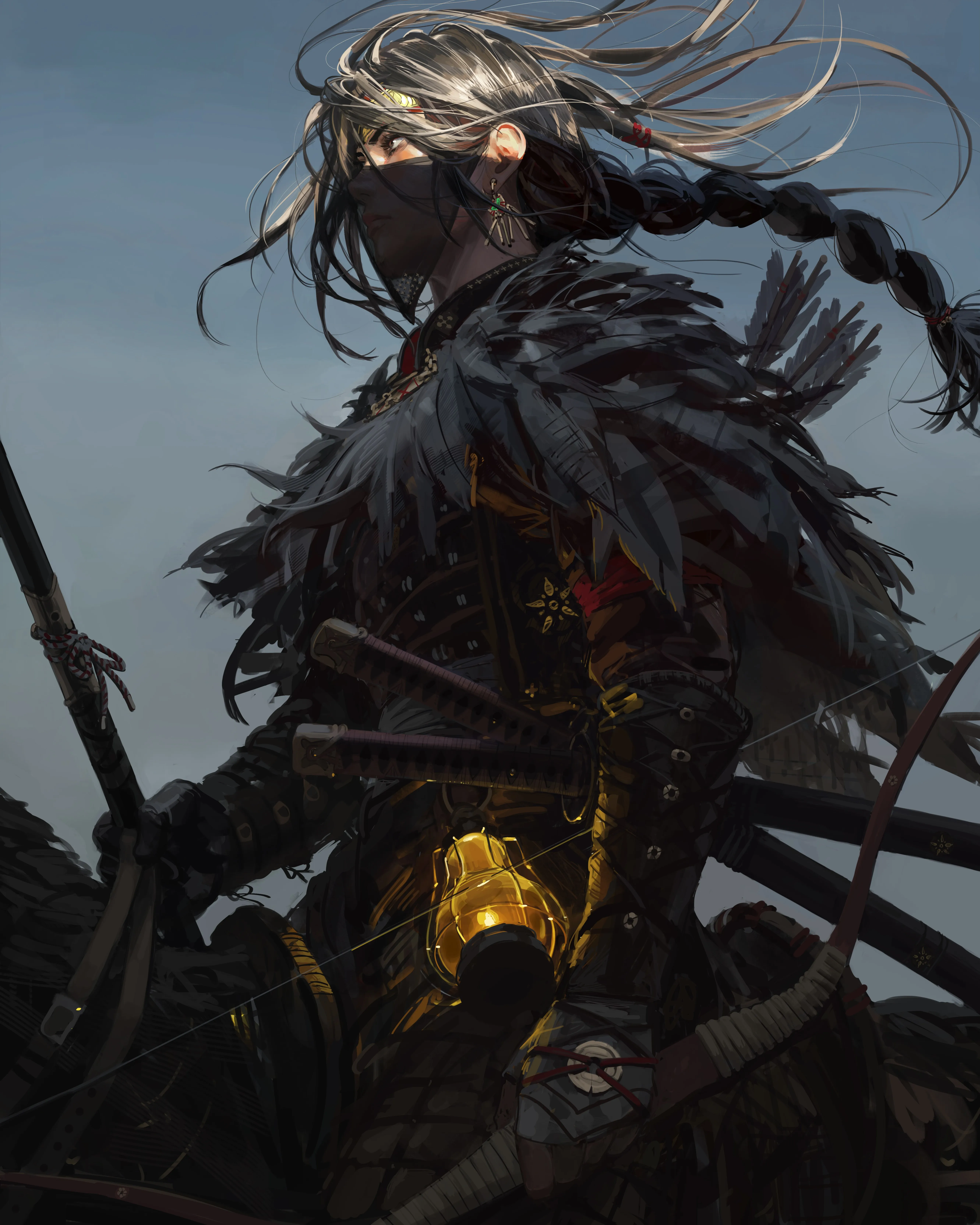 女人 长发 头发 随风飘扬 艺术品 插图 肖像 面具 刀 弓 阳光 耳环 烛台 手机壁纸 4K壁纸