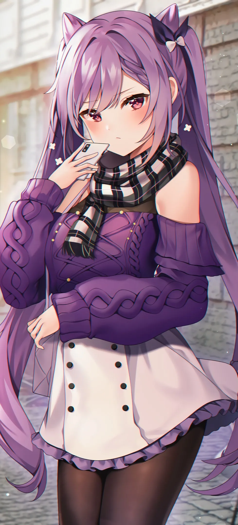 卷轴 紫色头发 红眼睛 科清 原神 原神 动漫女孩 动漫 双尾 4壁纸,手机壁纸