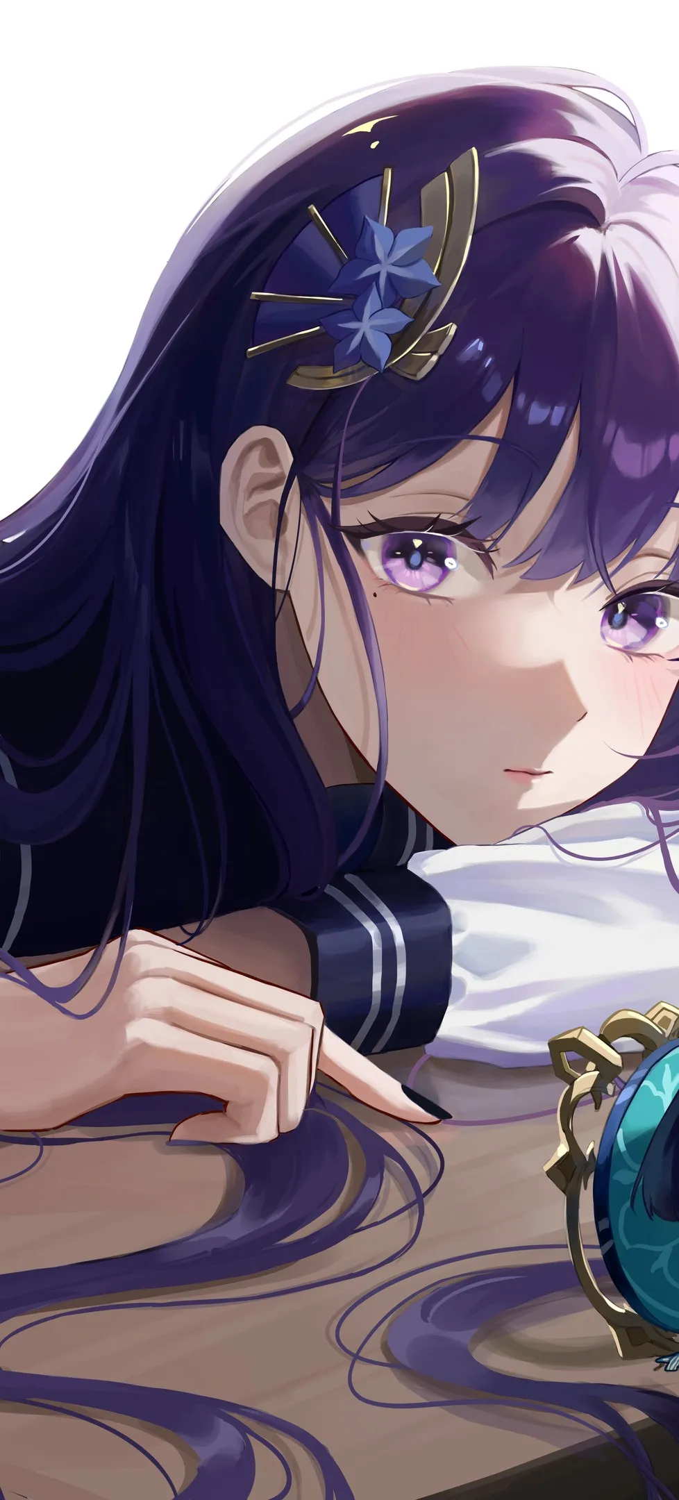 黑眼圈 眼角 紫色头发 女学生 动漫 动漫女孩 原神 雷登幕府 原神 紫色眼睛 桌子 窗户 校服 4壁纸