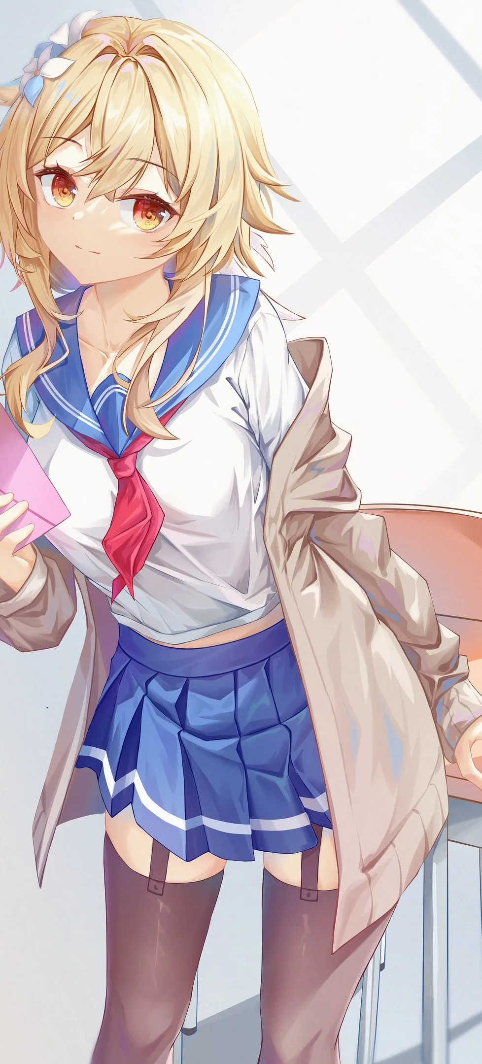 金发女郎 原神 动漫女孩 黄眼睛 校服 大腿高 4壁纸