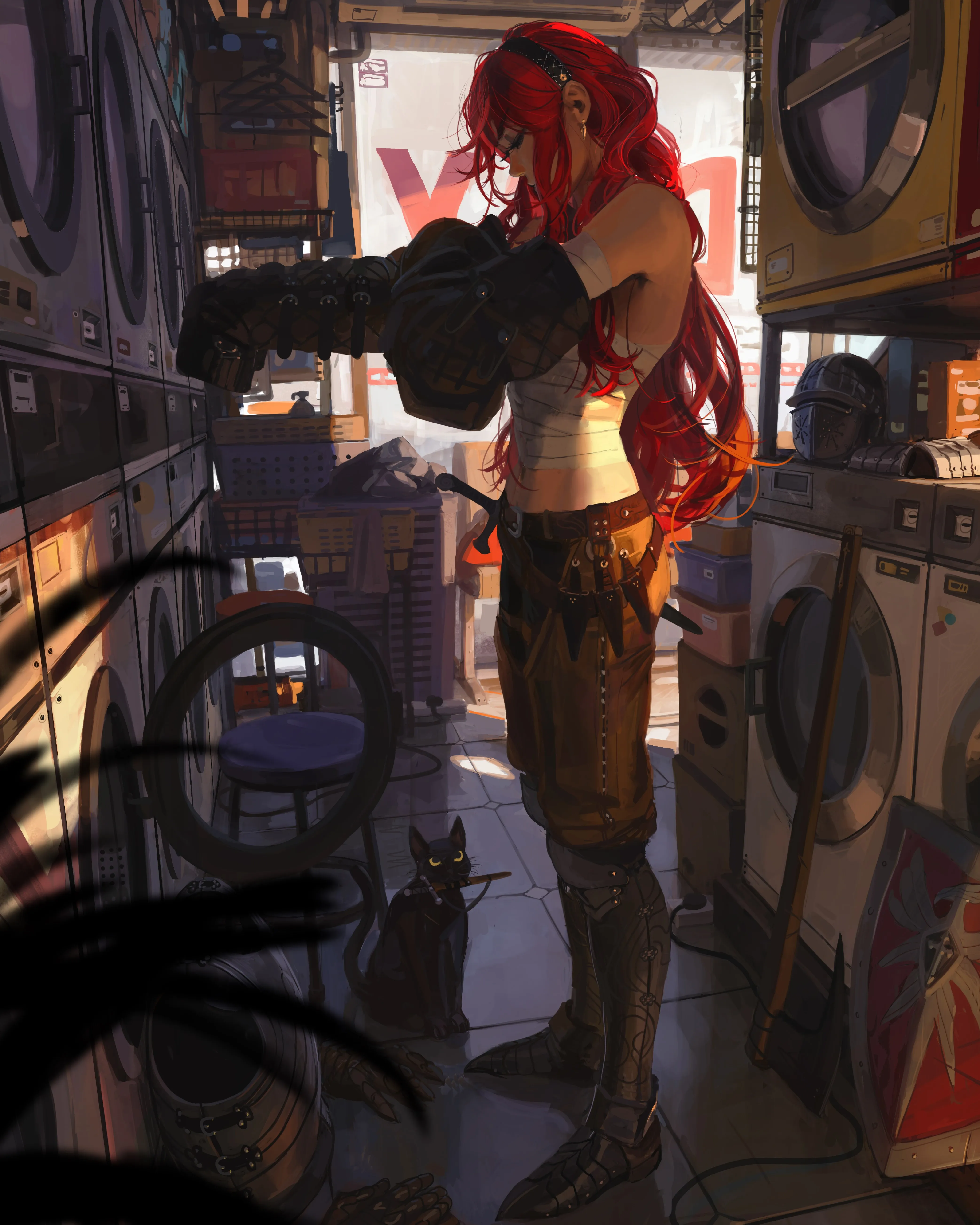 原创 人物 红发 艺术品 绘画 猫 绷带 女人 手机壁纸 4K壁纸