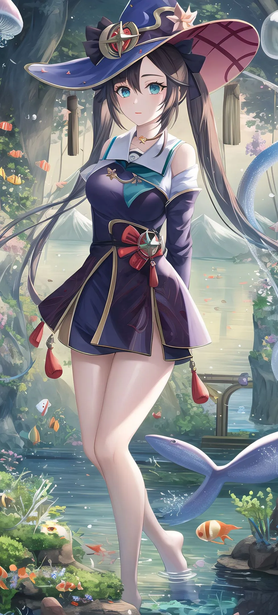 动漫 动漫女孩 原神 魔娜 双尾 黑发 数码艺术 人工智能艺术