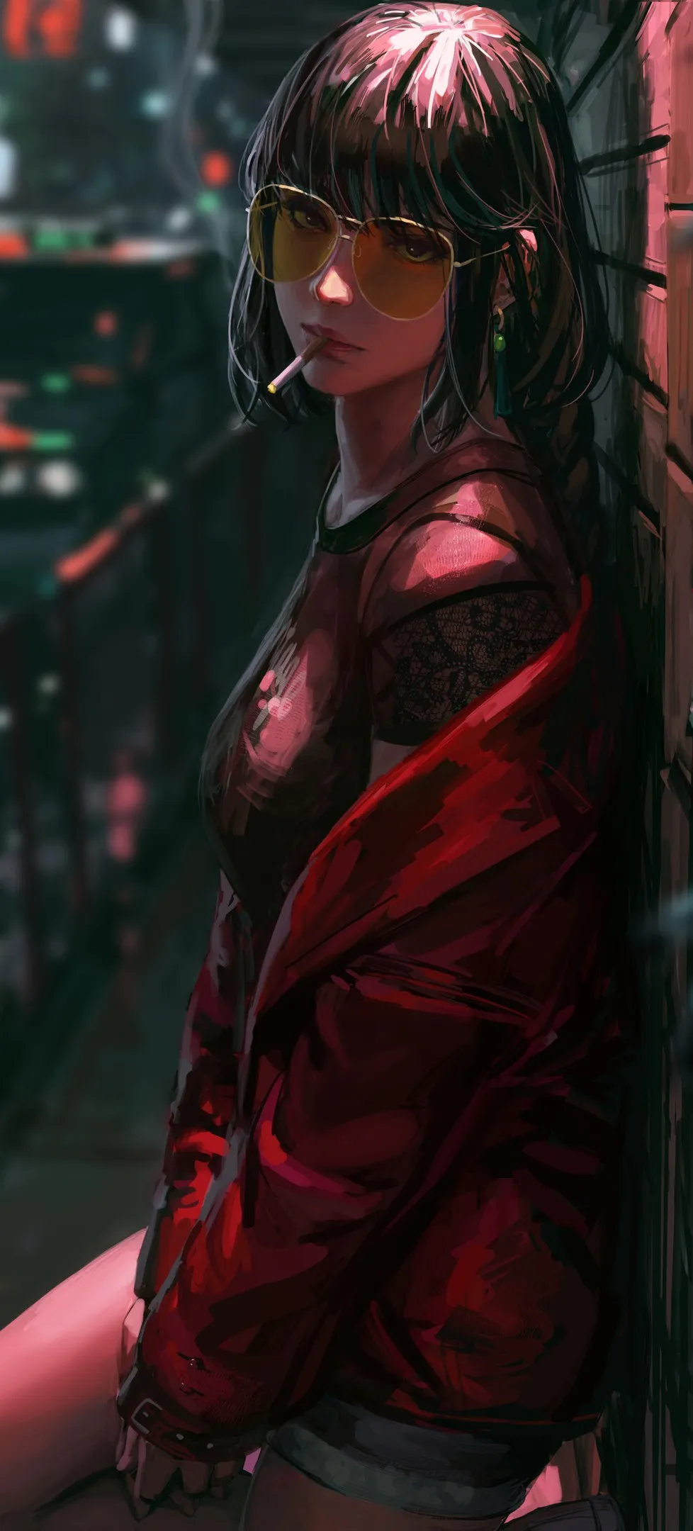 女人 原创人物 古维兹 街道 夜晚 绘画 眼镜 手机壁纸 4K壁纸