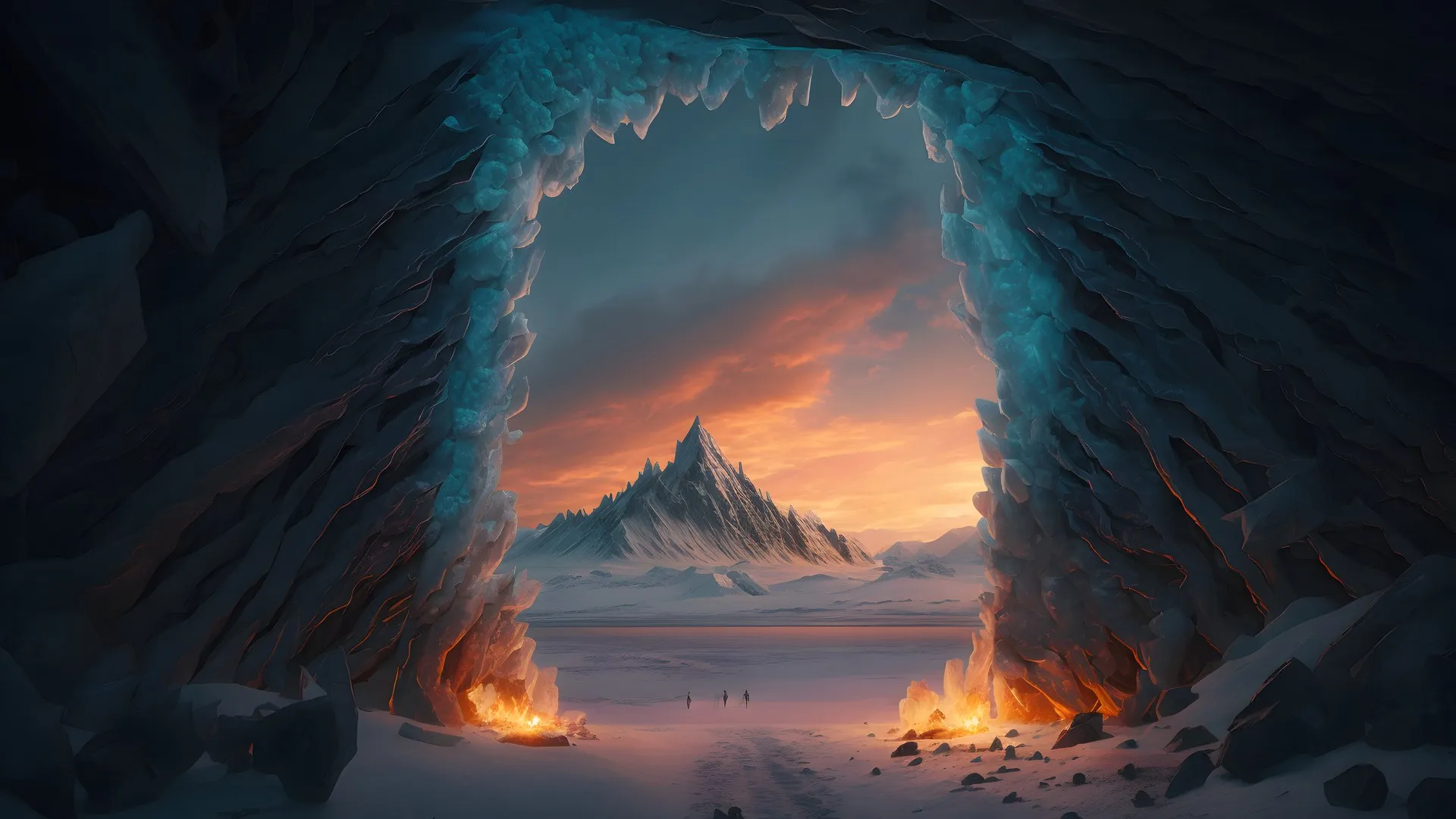 艺术 原图 插图 AI艺术 冰 山 雪 风景 日落 云 夕阳辉光 电脑壁纸 4K壁纸