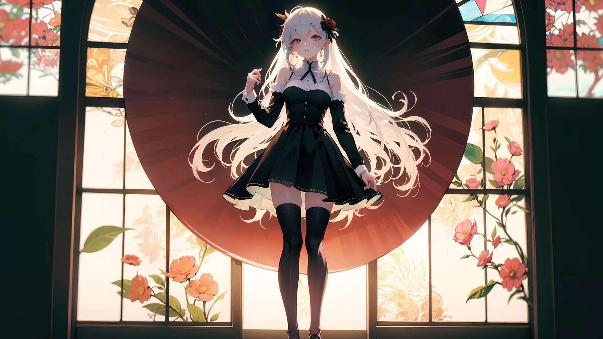 长发 连衣裙 艺术 动漫女孩 花 叶子 花在头发 丝袜 电脑壁纸 4K壁纸