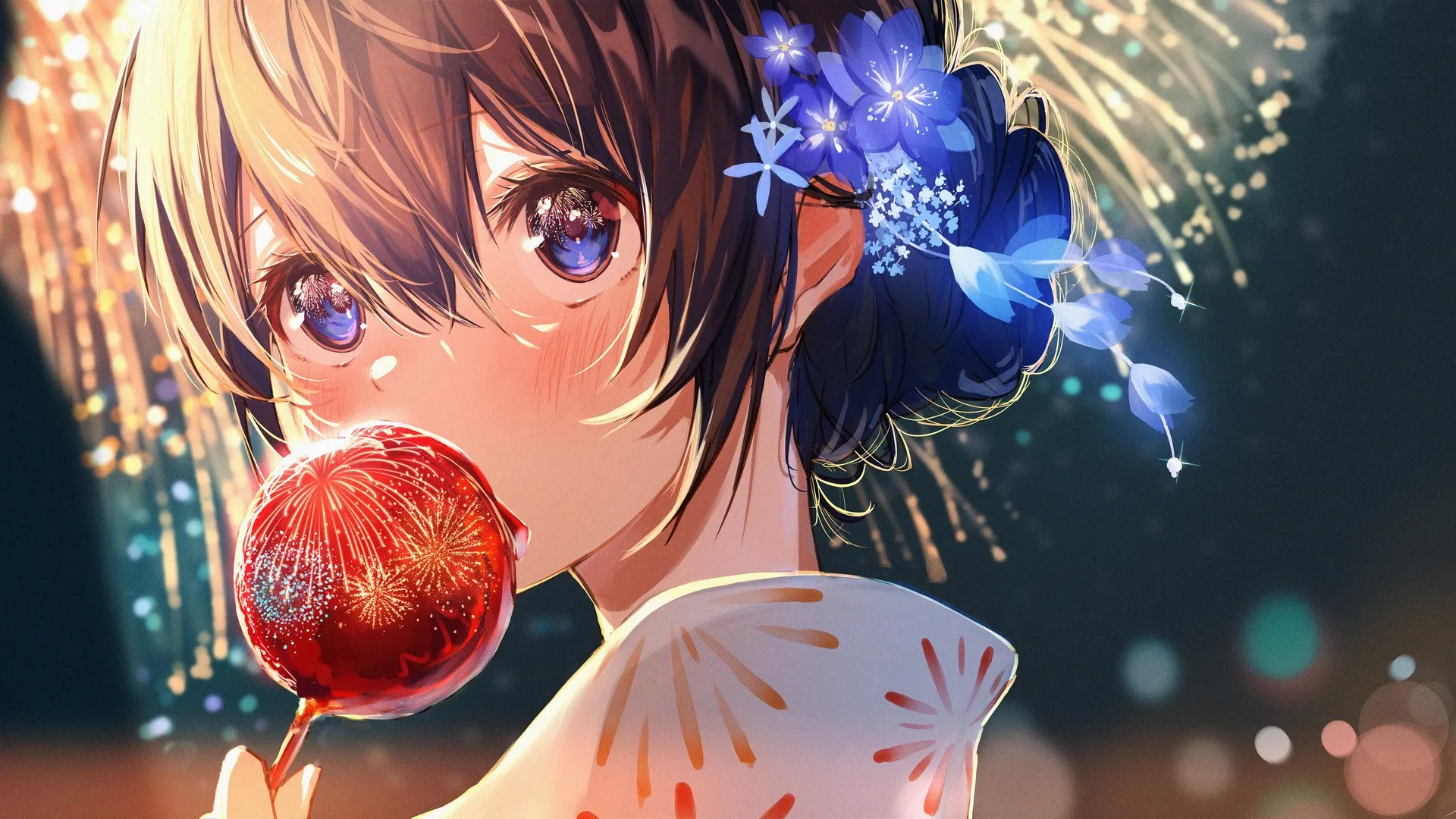 黑发 看向别处 脸 动漫 动漫女孩 烟火 吃东西 电脑壁纸 4K壁纸