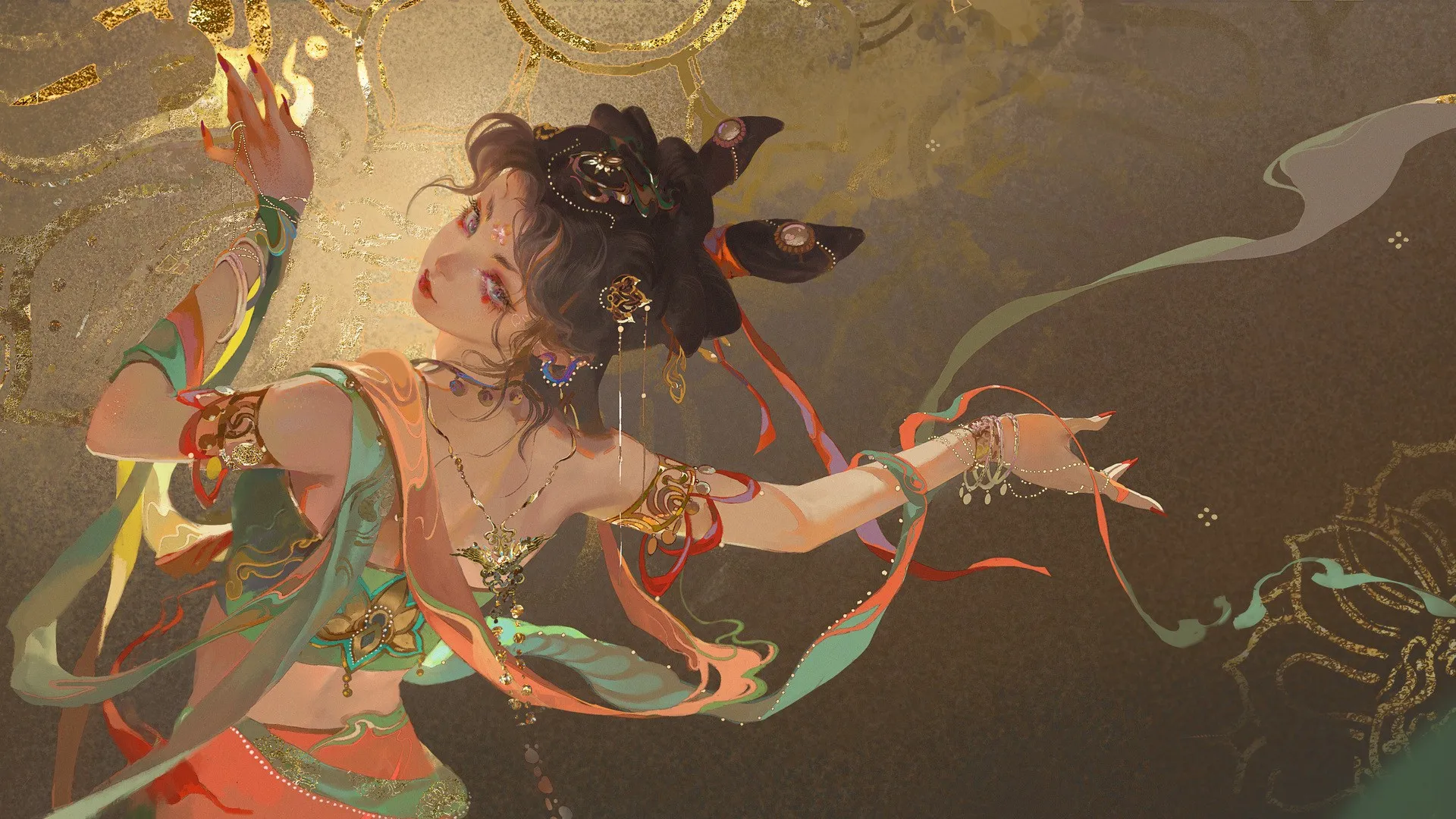 女人 黄金 舞蹈 极简主义 敦煌壁画 电脑壁纸 4K壁纸