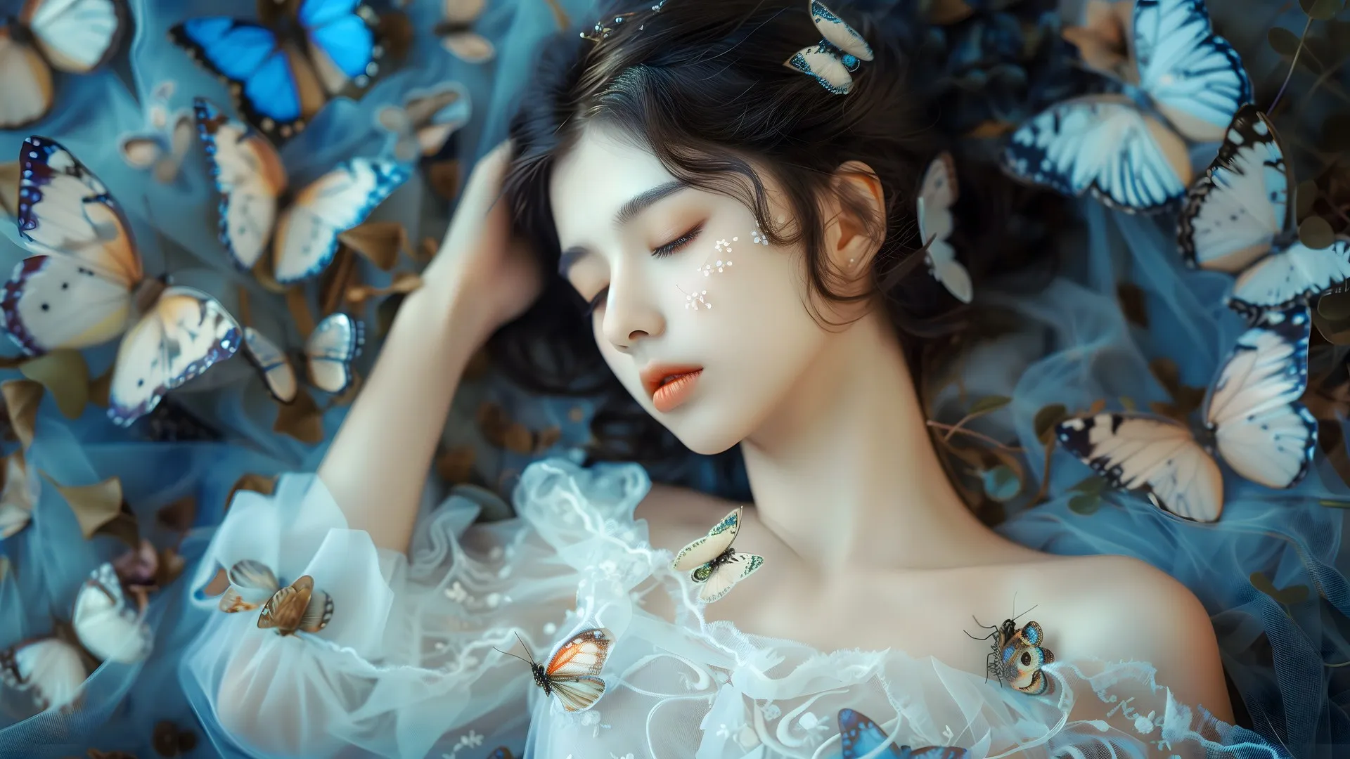 女性 蝴蝶 睡眠 AI艺术 电脑壁纸 4K壁纸