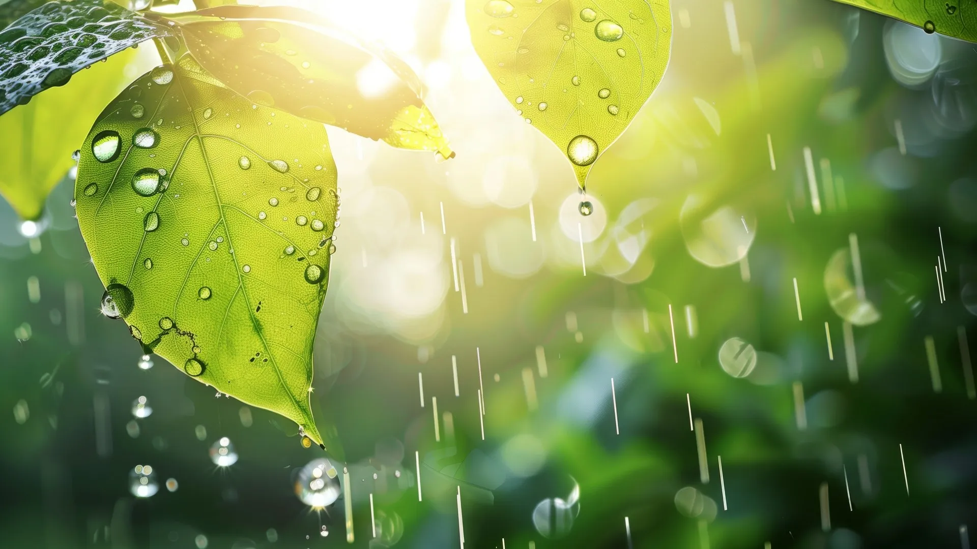 AI艺术 雨 树叶 水滴 背光  电脑壁纸 4K壁纸