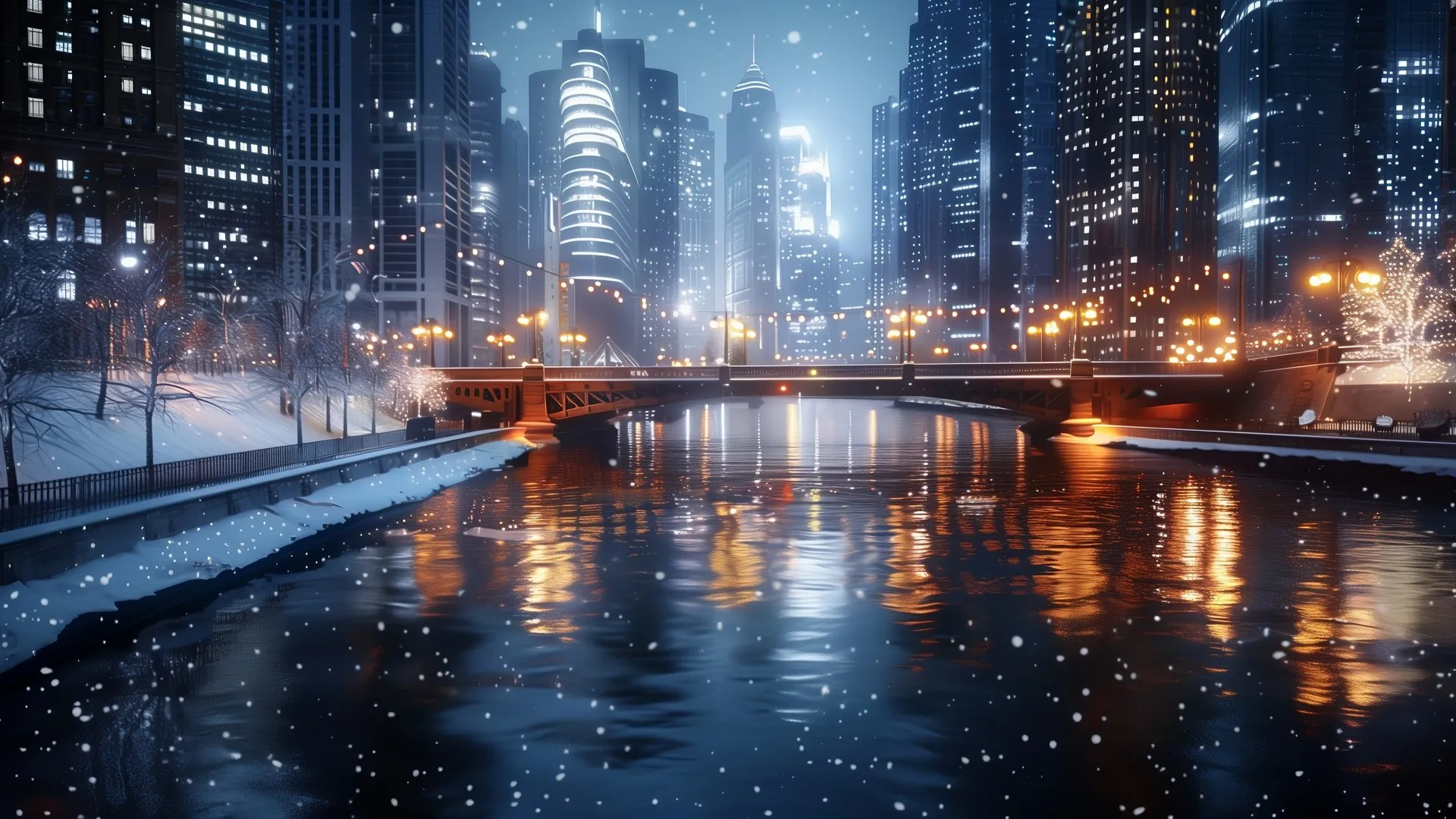 AI艺术 桥梁 冬天 雪 水 城市 电脑壁纸 4K壁纸