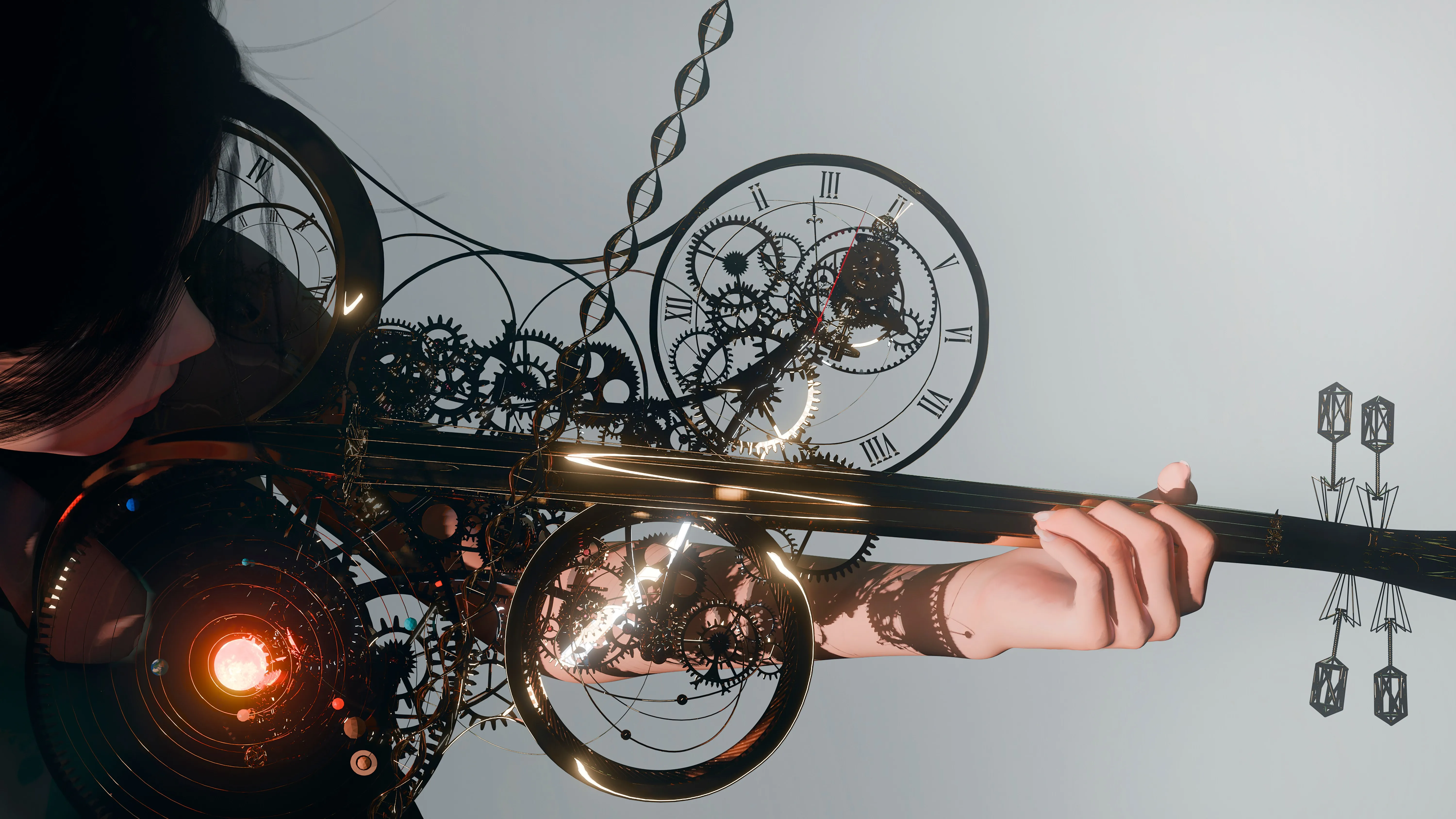 黑发 手 女人 数字艺术 艺术品 阳光 乐器 小提琴 演奏 简单背景 罗马 数字 齿轮 4K壁纸