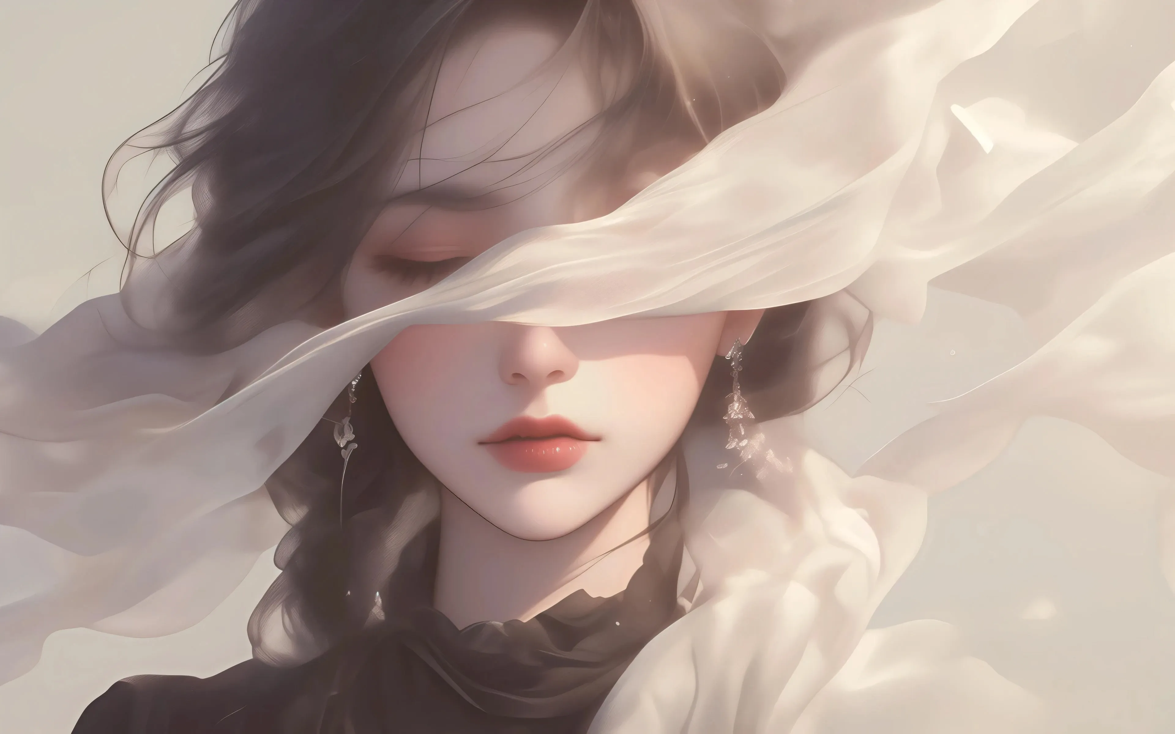 遮眼 唯美 动漫 壁纸 耳坠 女人 头像 闭眼 丝带 纱巾 4K壁纸