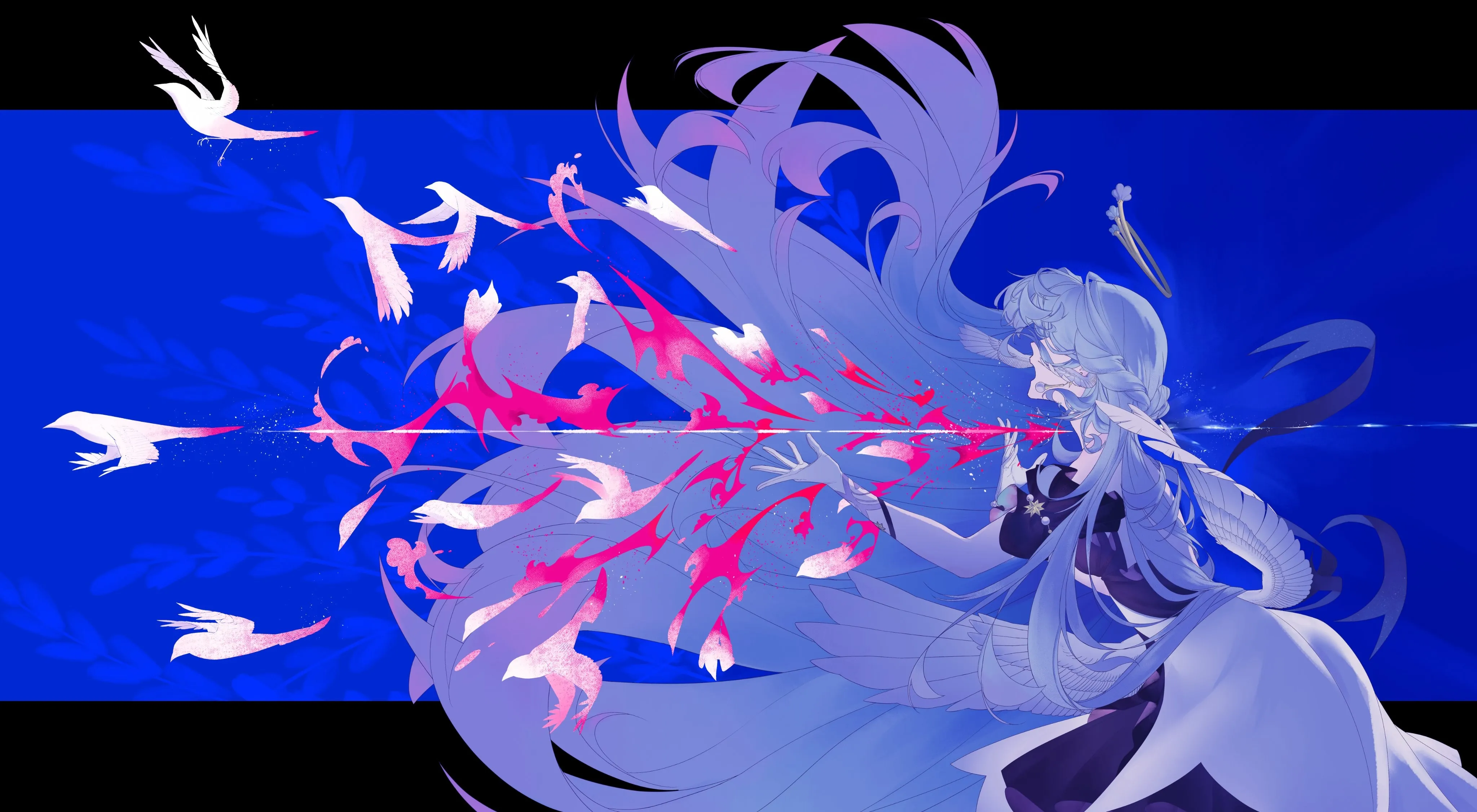 长发 蓝色头发 罗宾 本岛 星轨 动漫 女孩 简单背景 鸟类 白手套 耳环 头翼 翅膀 4K壁纸