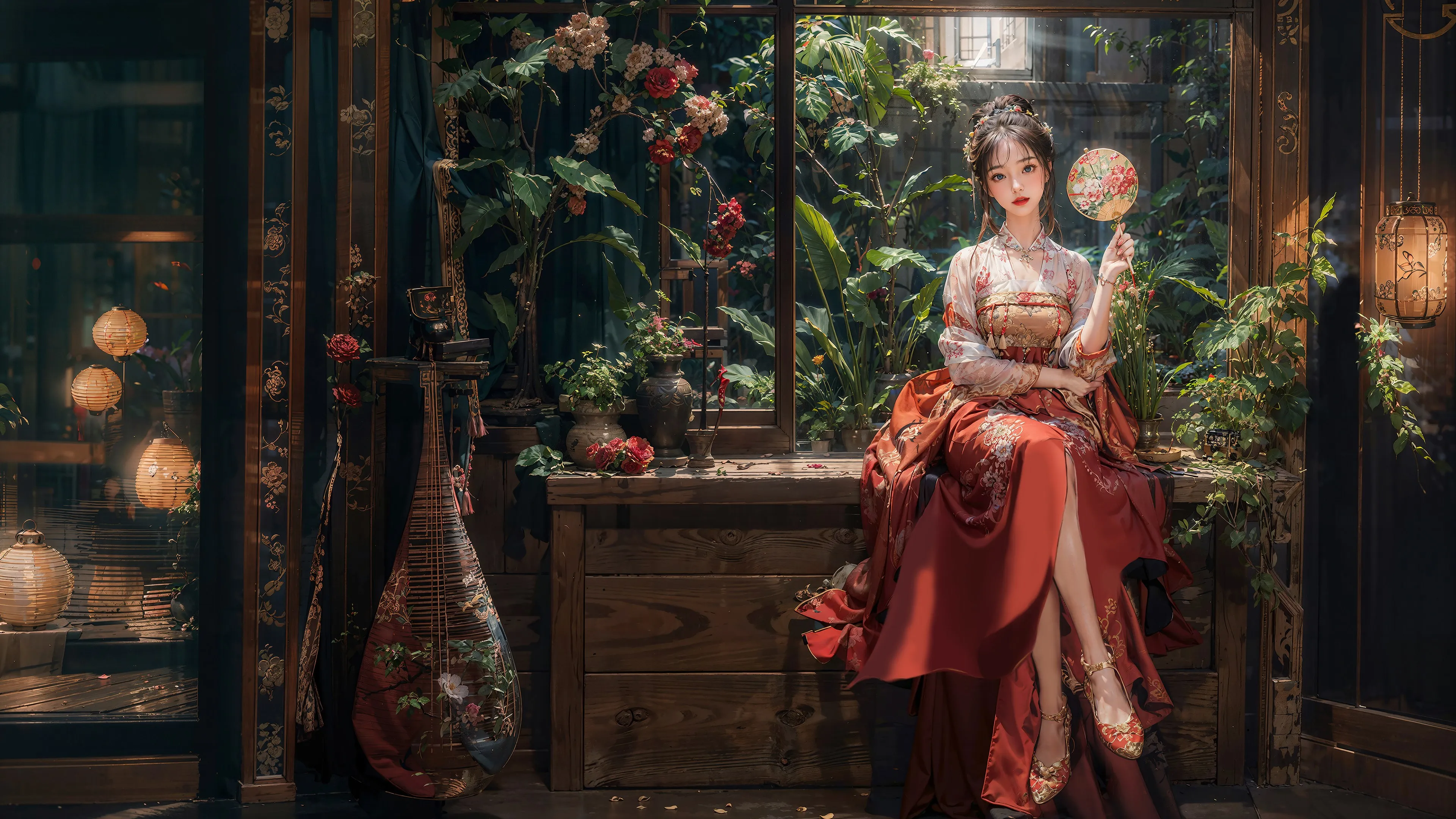 古风 美女 扇子 红色裙子 室内 绿色植物 鲜花 团扇 灯笼 花田 花园 4K壁纸
