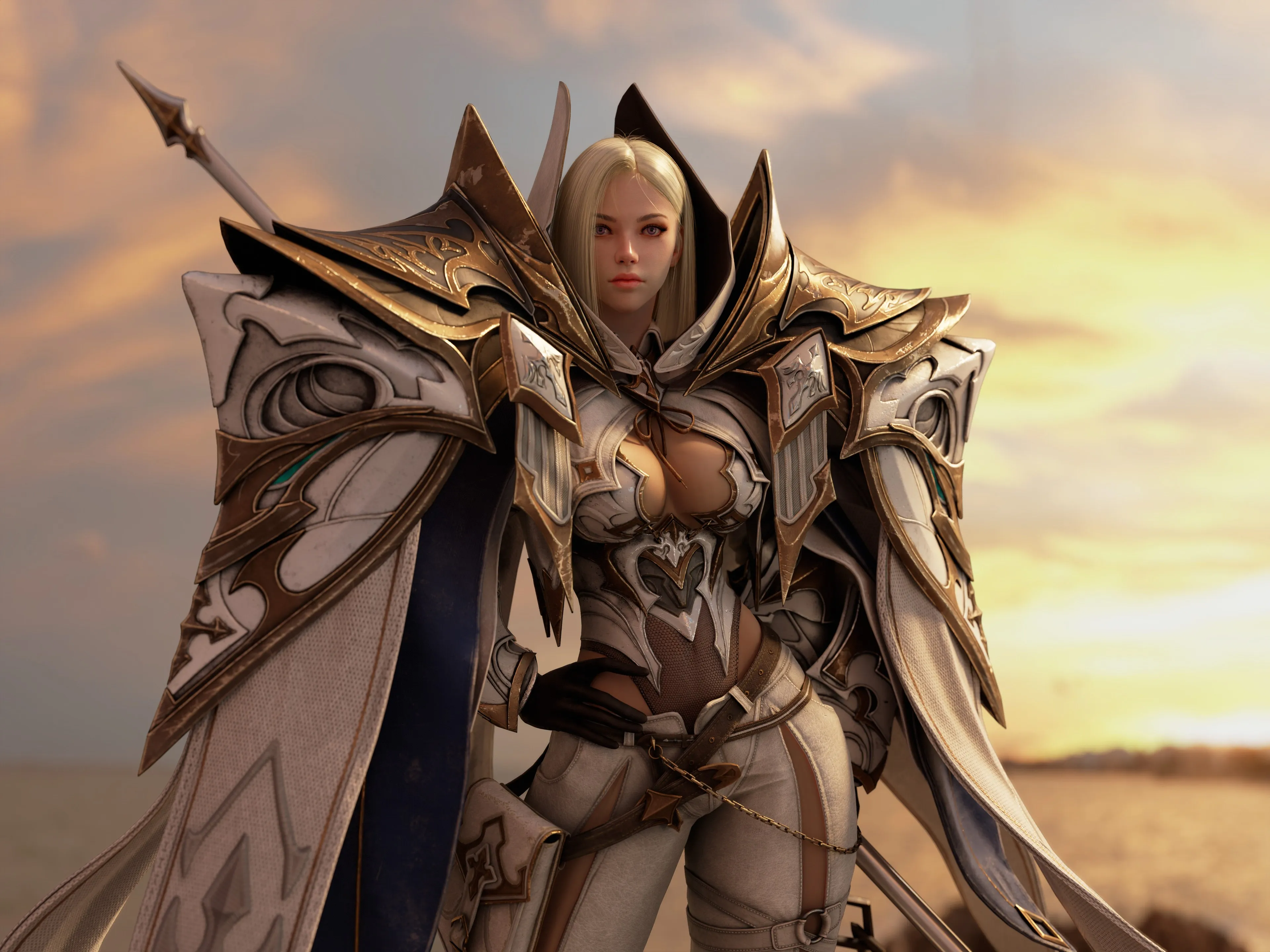 女人 骑士 长发 金发 站立 女战士 CGI 盔甲 垫肩 模糊背景 天空 紫色眼睛 日落 光芒 黑手套 4K壁纸