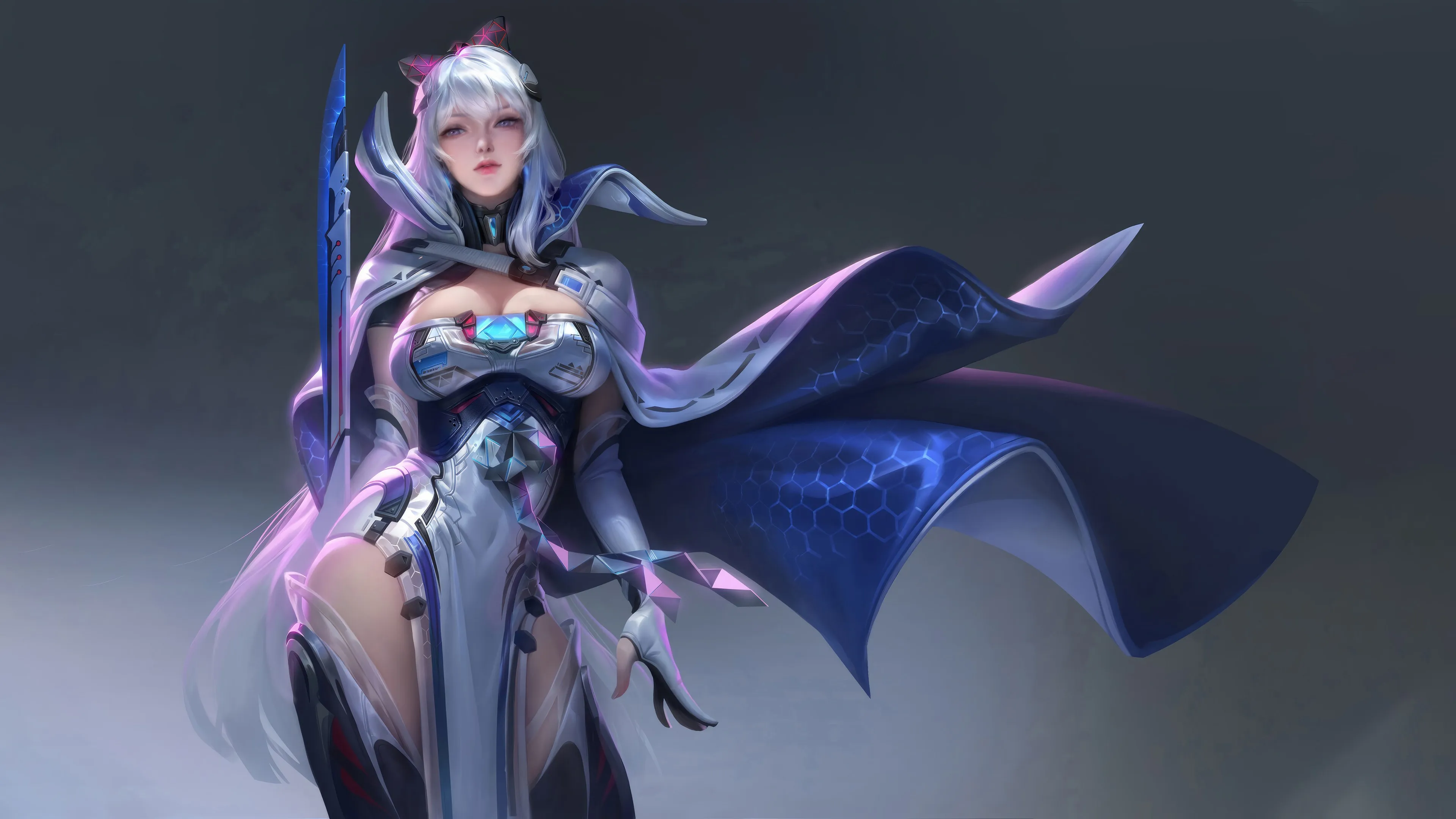 女性 科幻 小说 长剑 披风 盔甲 白色头发 4K壁纸