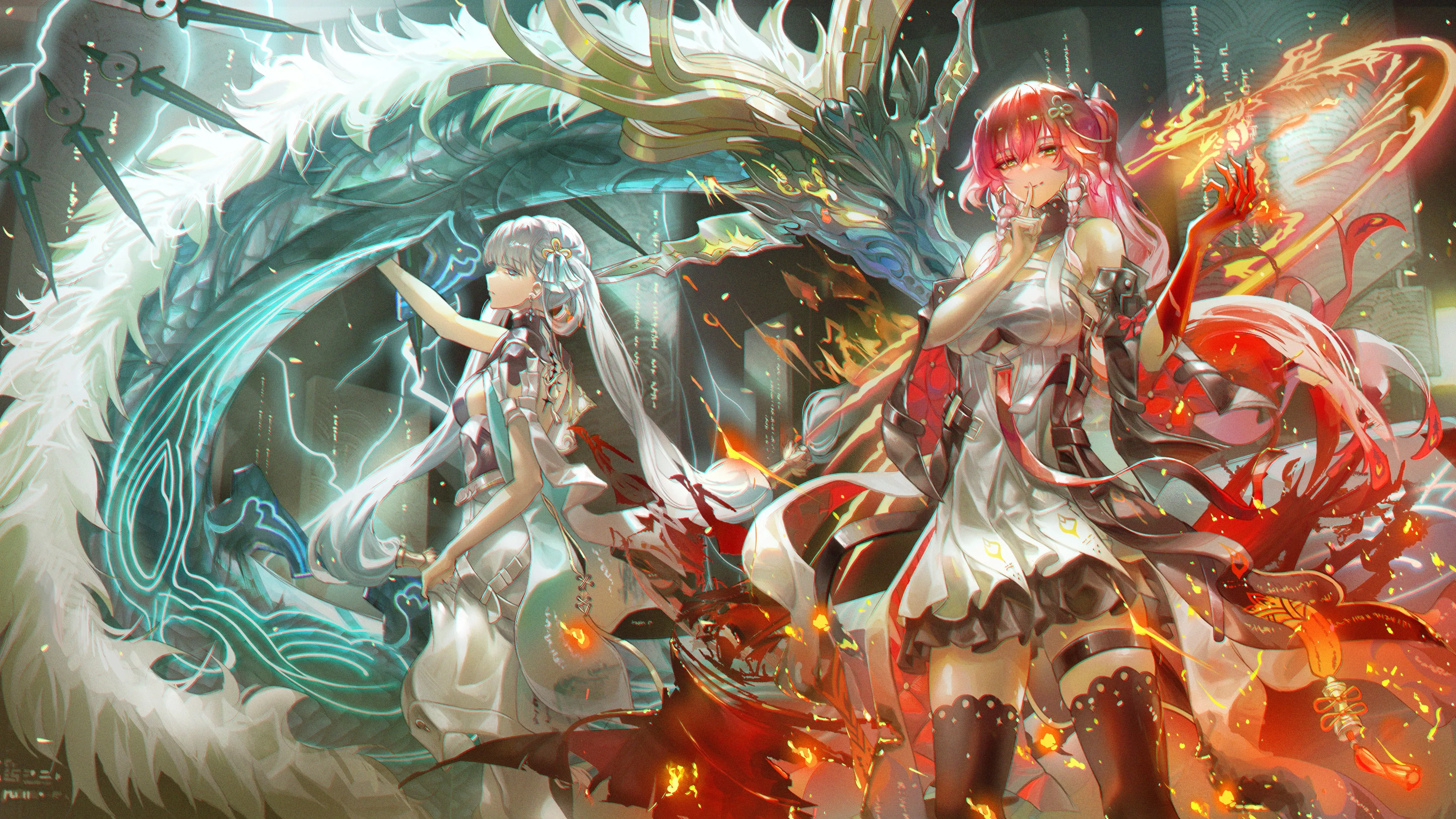 电子 游戏 人物 女孩 长发 白发 粉色头发 呼啸波 锦溪 长黎 中国龙 连衣裙 高跟鞋 火热 头饰 4K壁纸