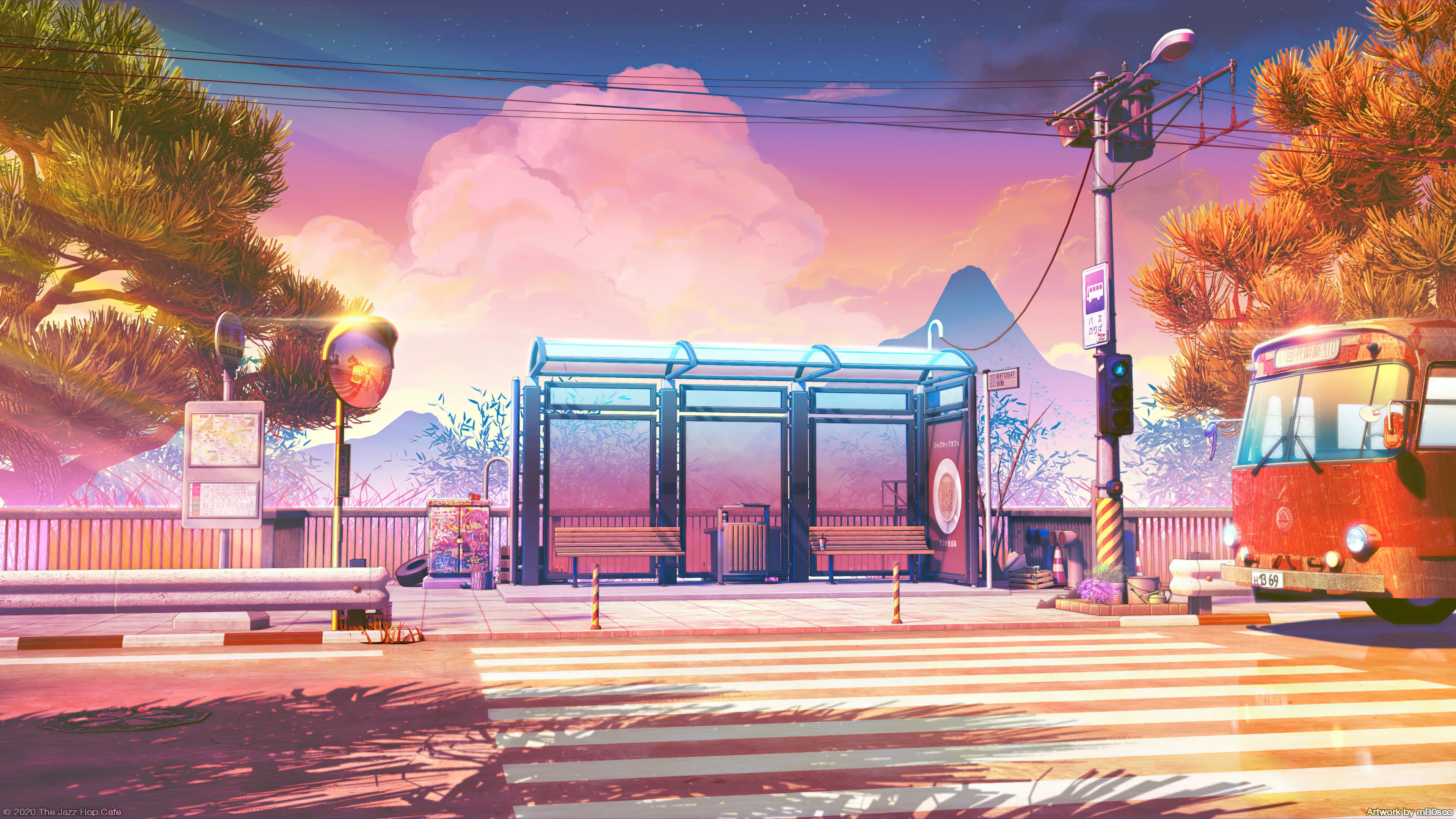 公交车站 交通镜 天空 长凳 人行横道 树木 山脉 数字 艺术 电线 4K壁纸