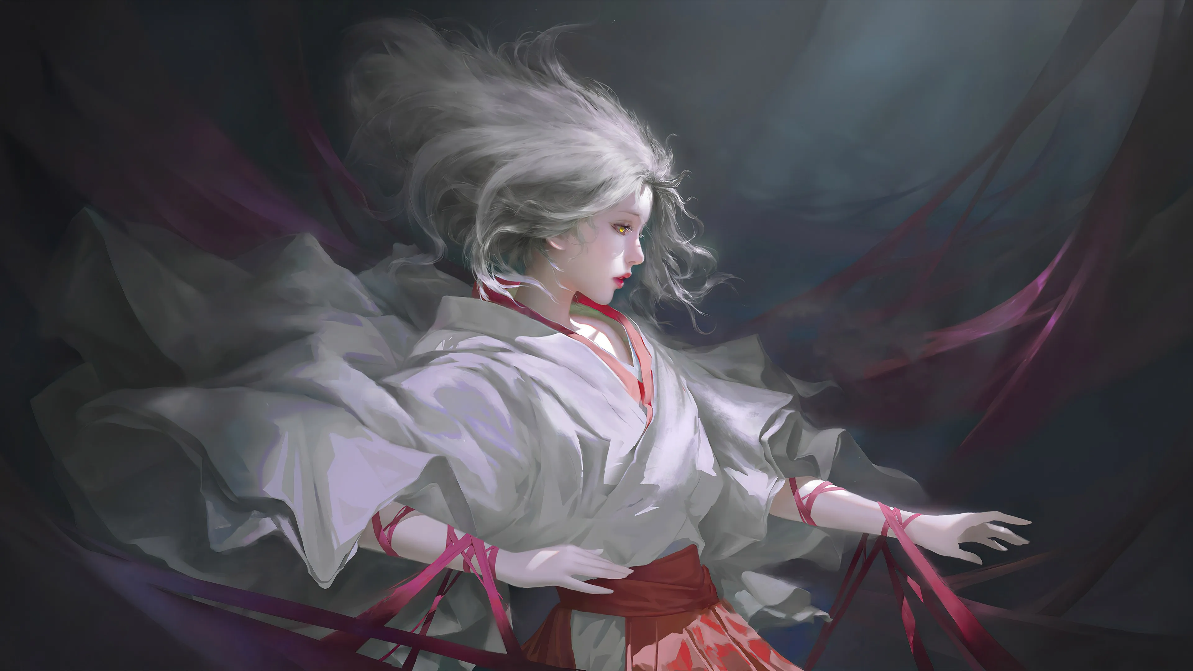 古风 少女 白发 白色衣服 唯美 丝带 红色丝带 飘逸 红色绑带 4K壁纸