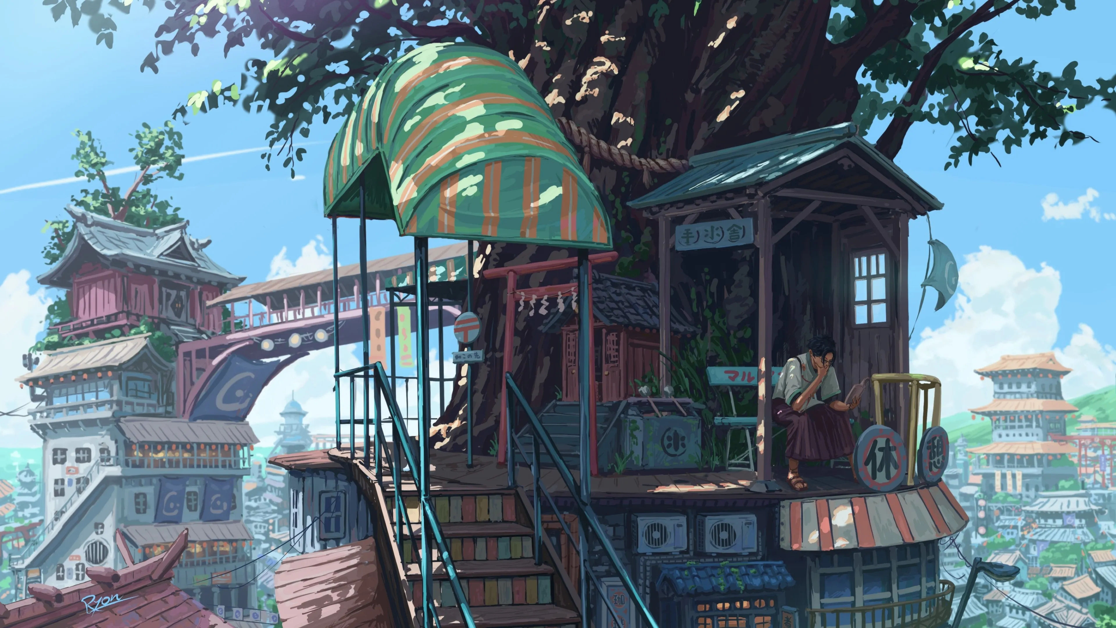 坐着 眼镜 男人 短发 风景 城镇 建筑 树屋 楼梯 阳光 看书 眼镜 阅读 4K壁纸