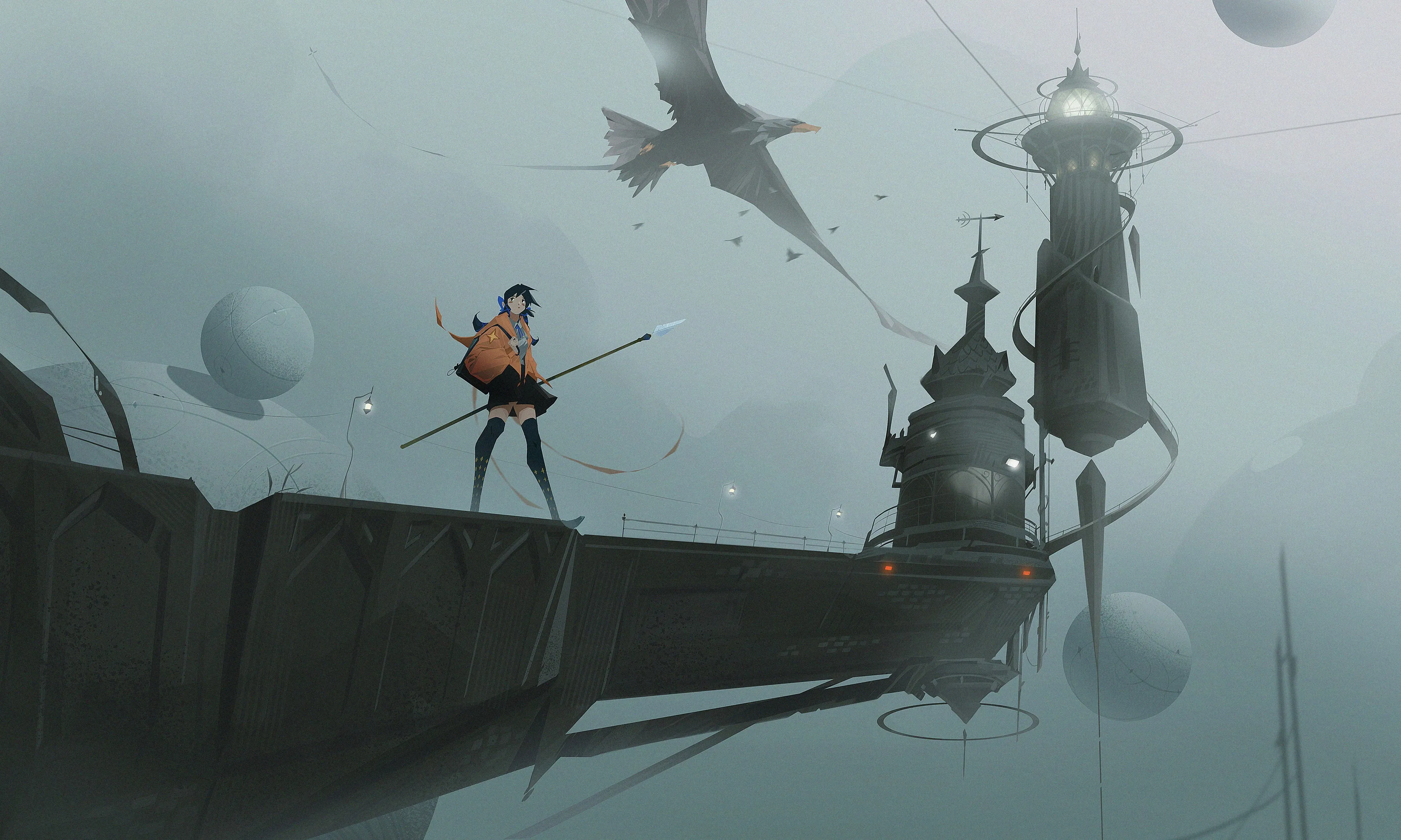 灰色 魔塔 海鸥 老鹰 长枪 男孩 女孩 星球 4K壁纸