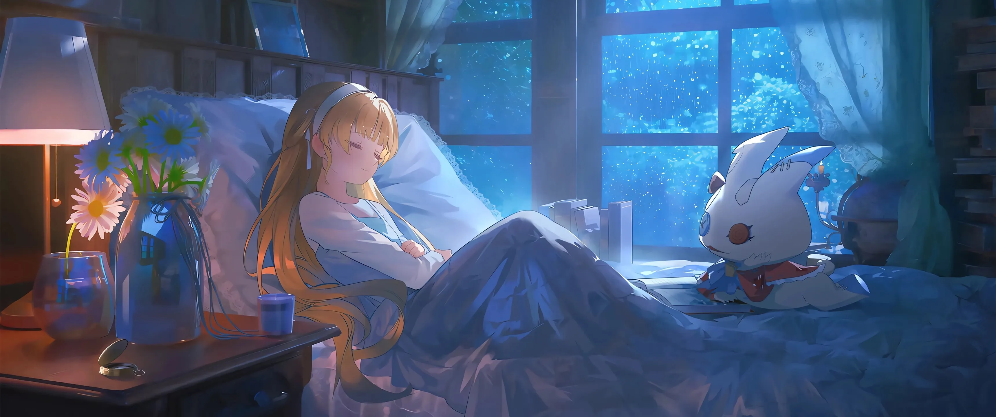 动漫 女孩 睡美人 公主 睡觉 夜晚 星星 窗户 床褥 室内 娃娃 台灯 陪伴 2K壁纸