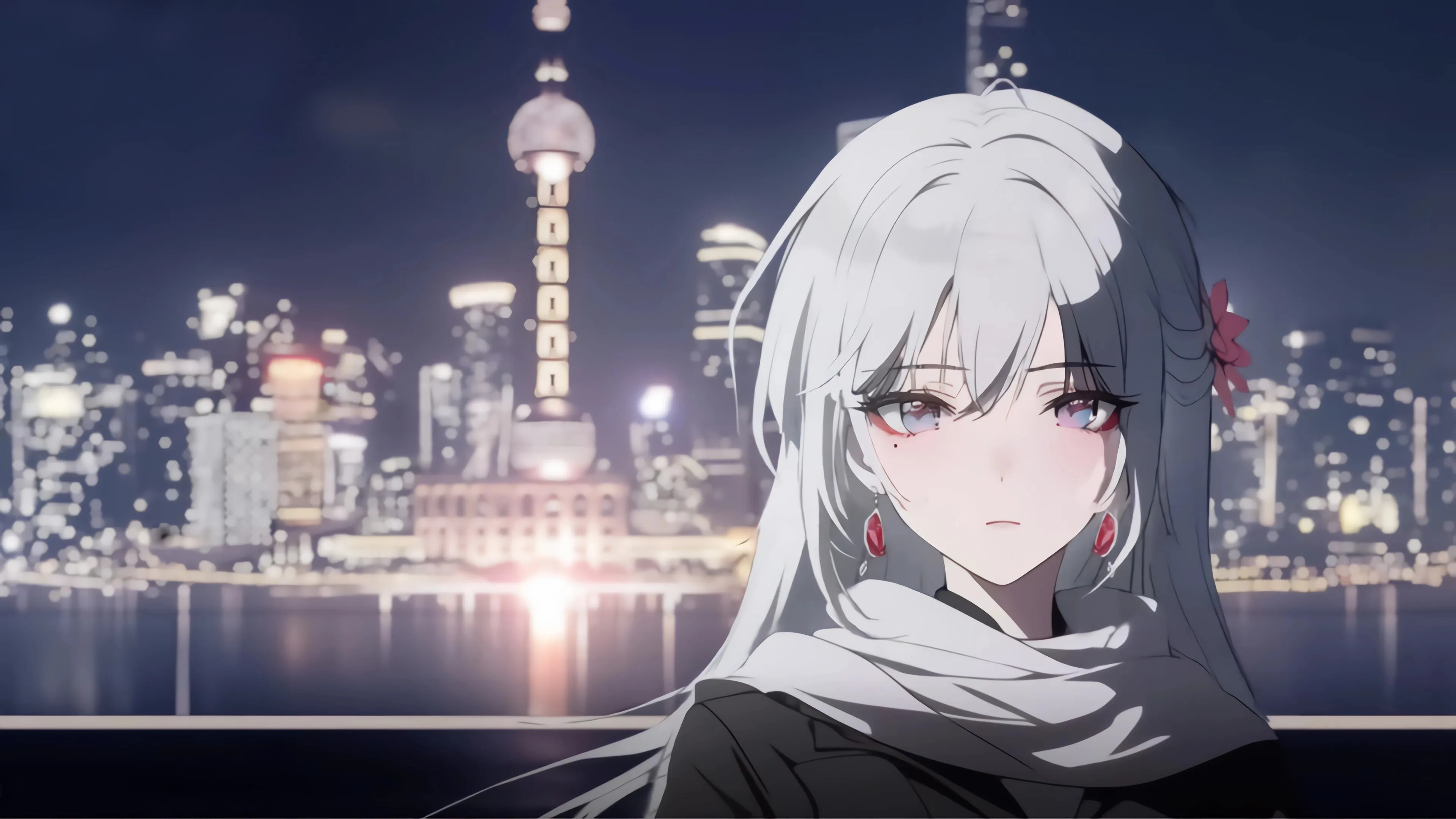 斯卡蒂 4k 电脑壁纸 女孩 少女 美女 东方明珠 河边 4K壁纸