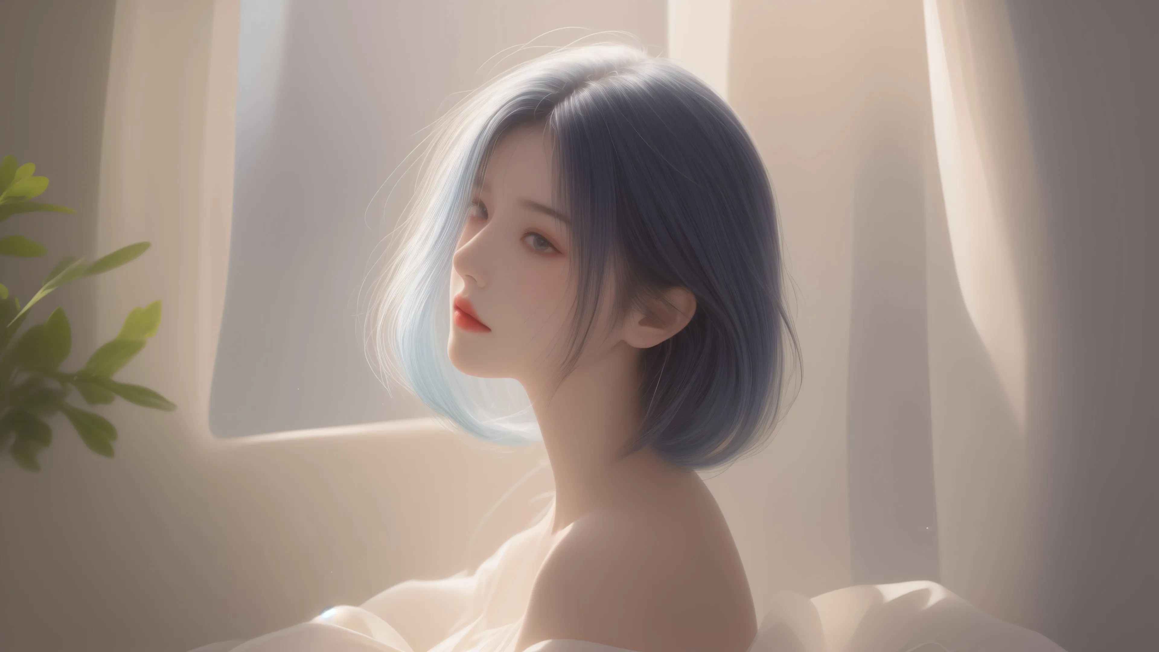 唯美 短发 女孩 绿色植物 屋内 4K壁纸