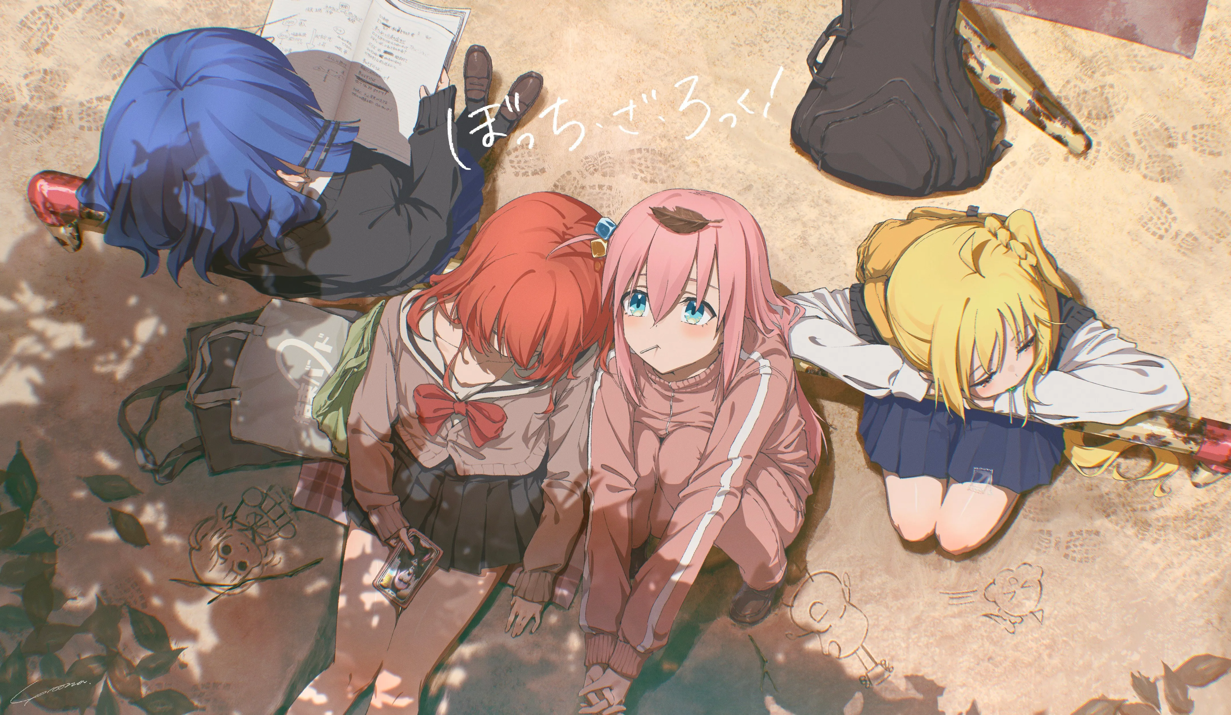 动漫 女孩 男孩 校服 毛衣 校服 沙滩 沙子 书包 4K壁纸