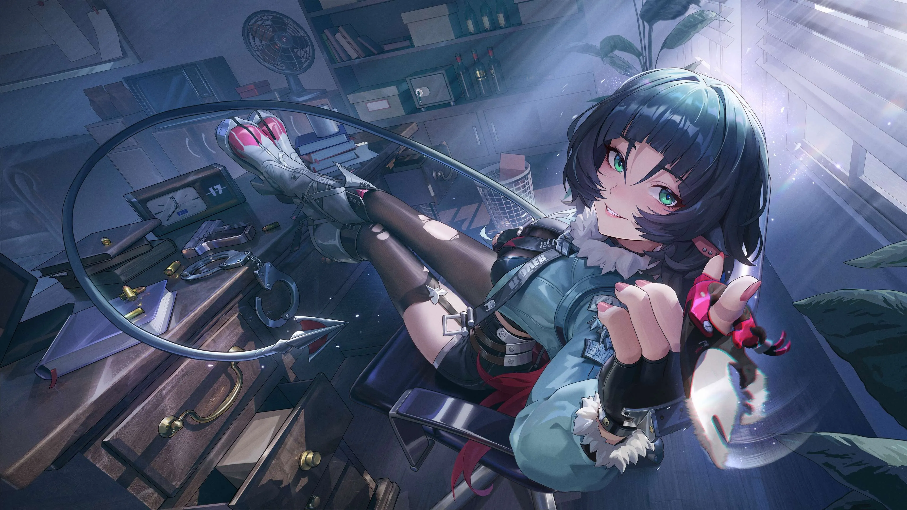 微笑 坐着 蓝色头发 蓝色眼睛 动漫 女孩 视频 游戏 靴子 手铐 尾巴 手套 阳光 树叶 百叶窗 书桌 动物耳朵 4K壁纸