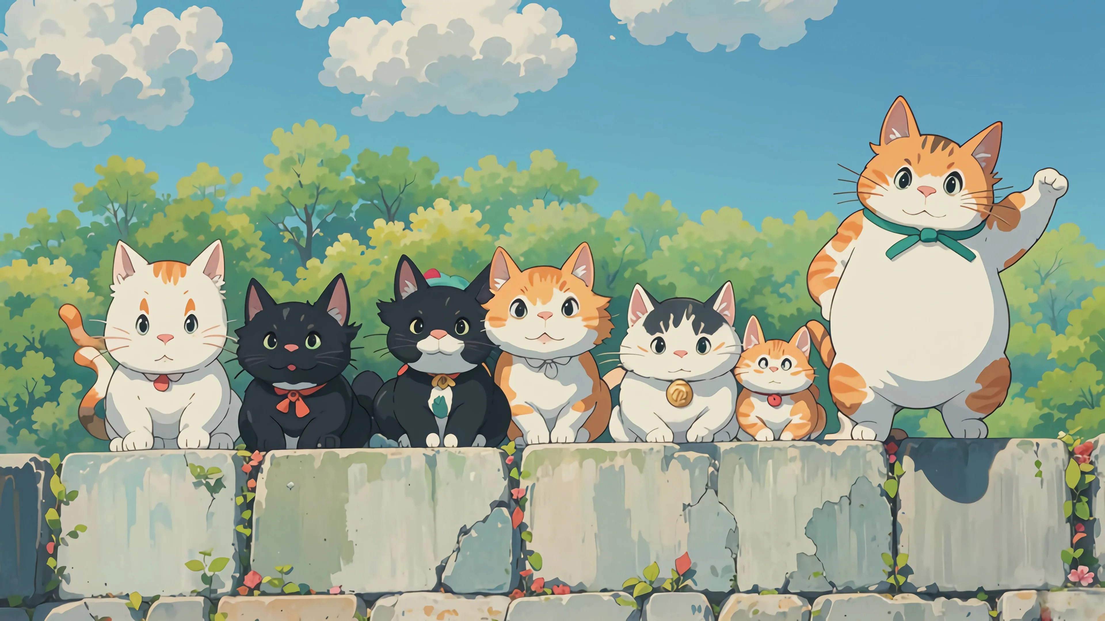 可爱 猫咪 4K 壁纸 排队 云海 围墙 4K壁纸