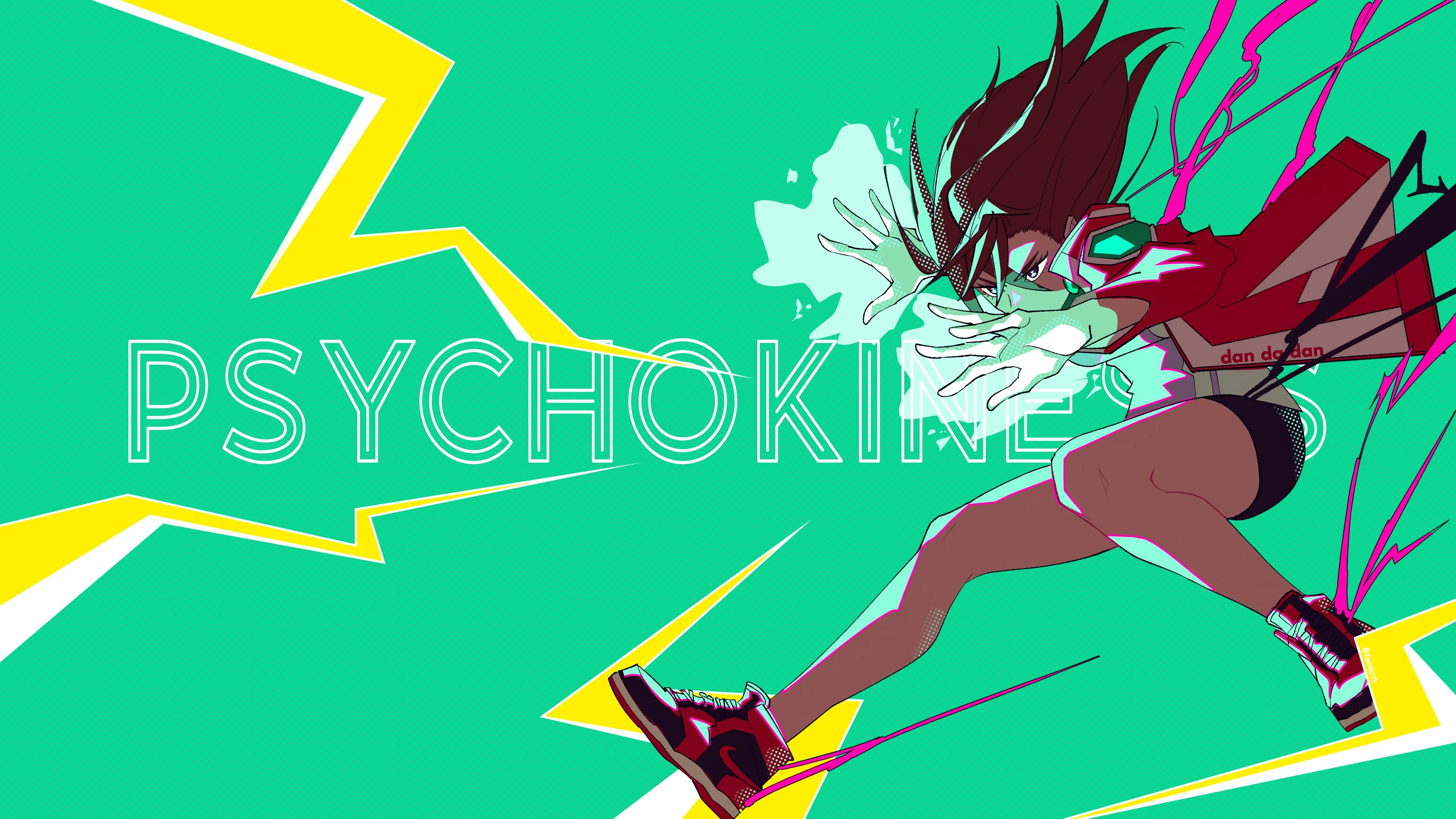 短发 黑发 动漫 女孩 跳跃 简单背景 绿色背景 运动鞋 红色夹克 4K壁纸