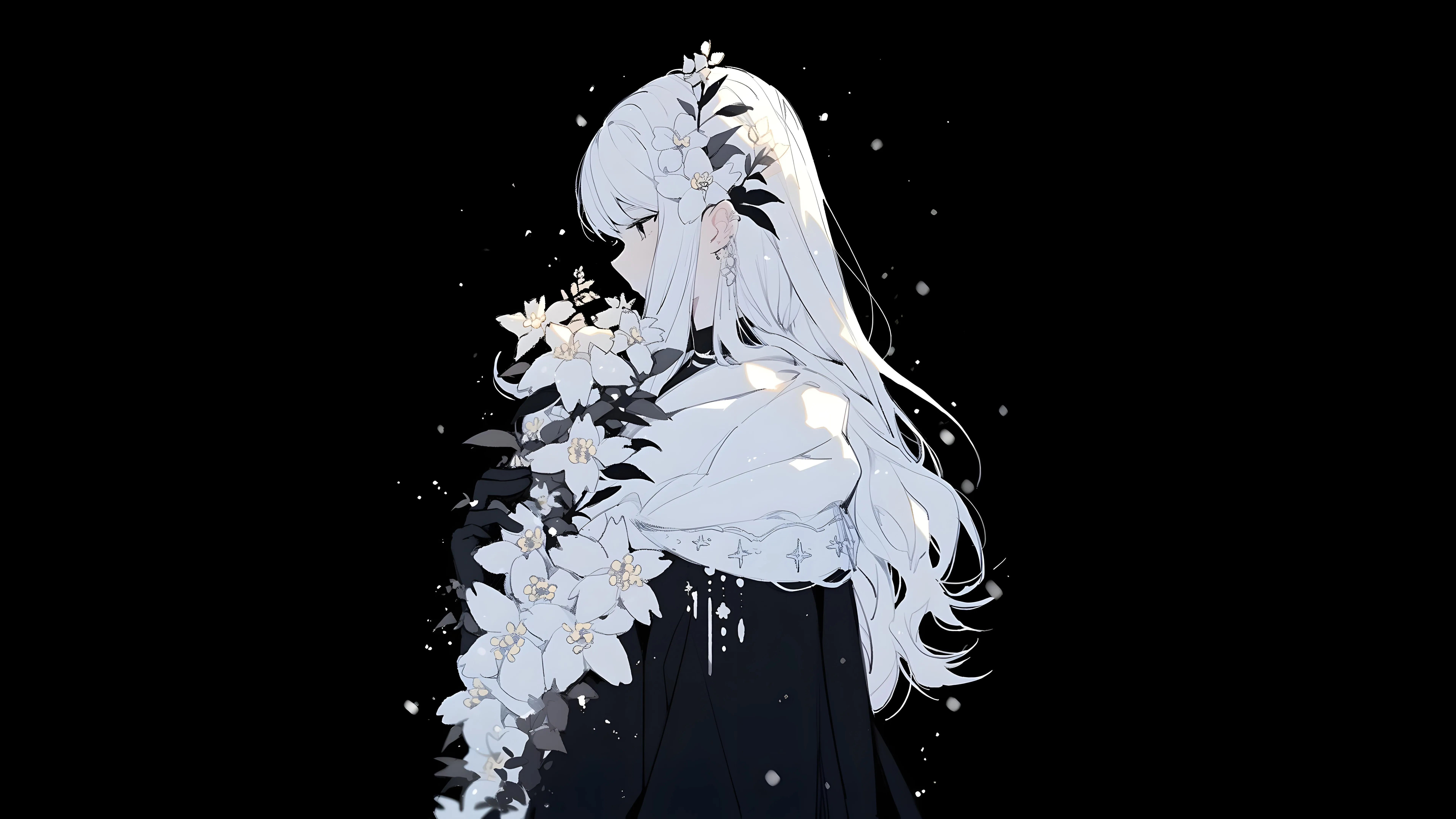 白色头发 长头发 黑眼睛 动漫 女孩 花瓣 黑色 背景 8K壁纸