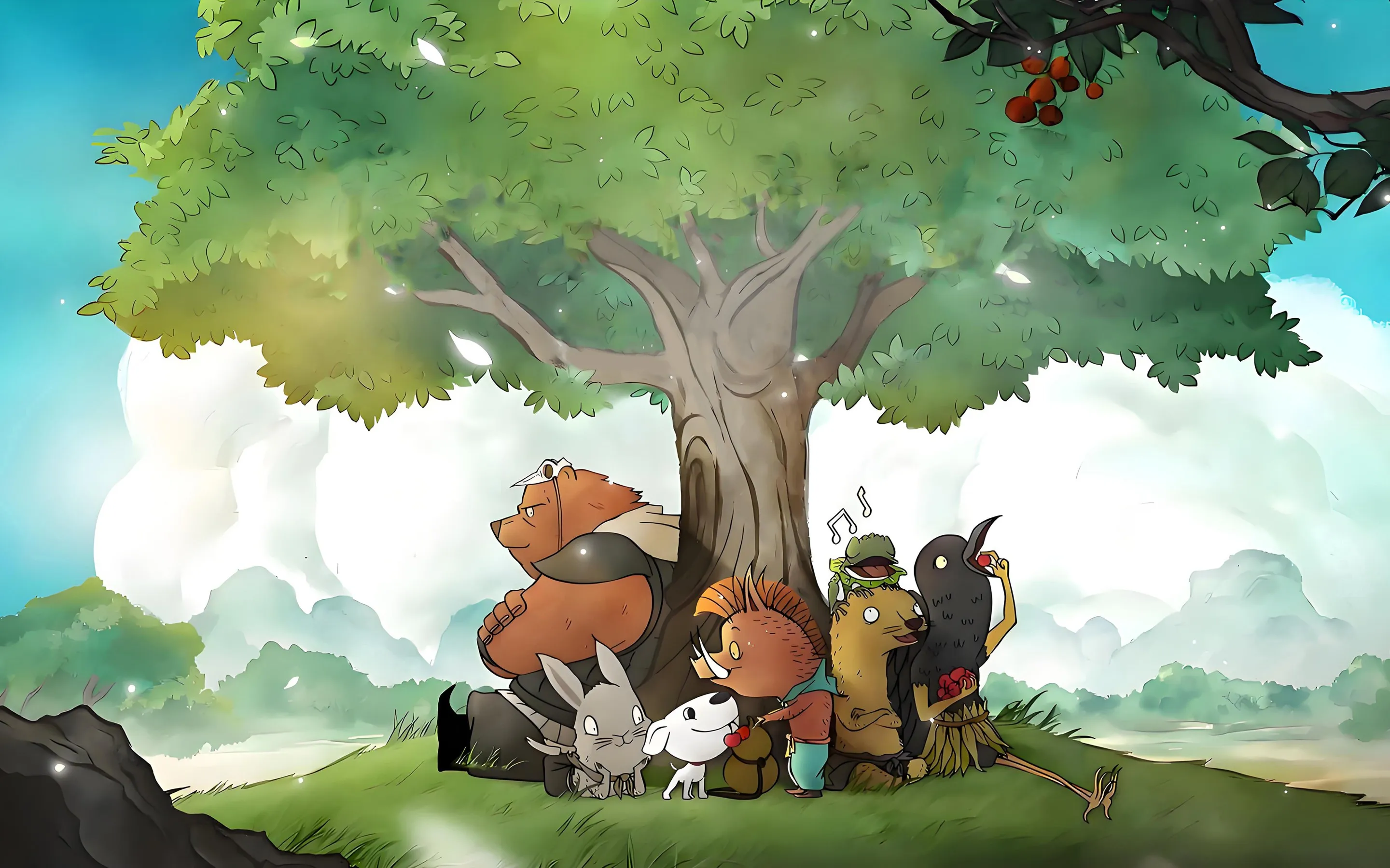 小妖怪 夏天 治愈 温暖 草帽 大树 兔子 熊 野猪 狗 鸟 2K壁纸