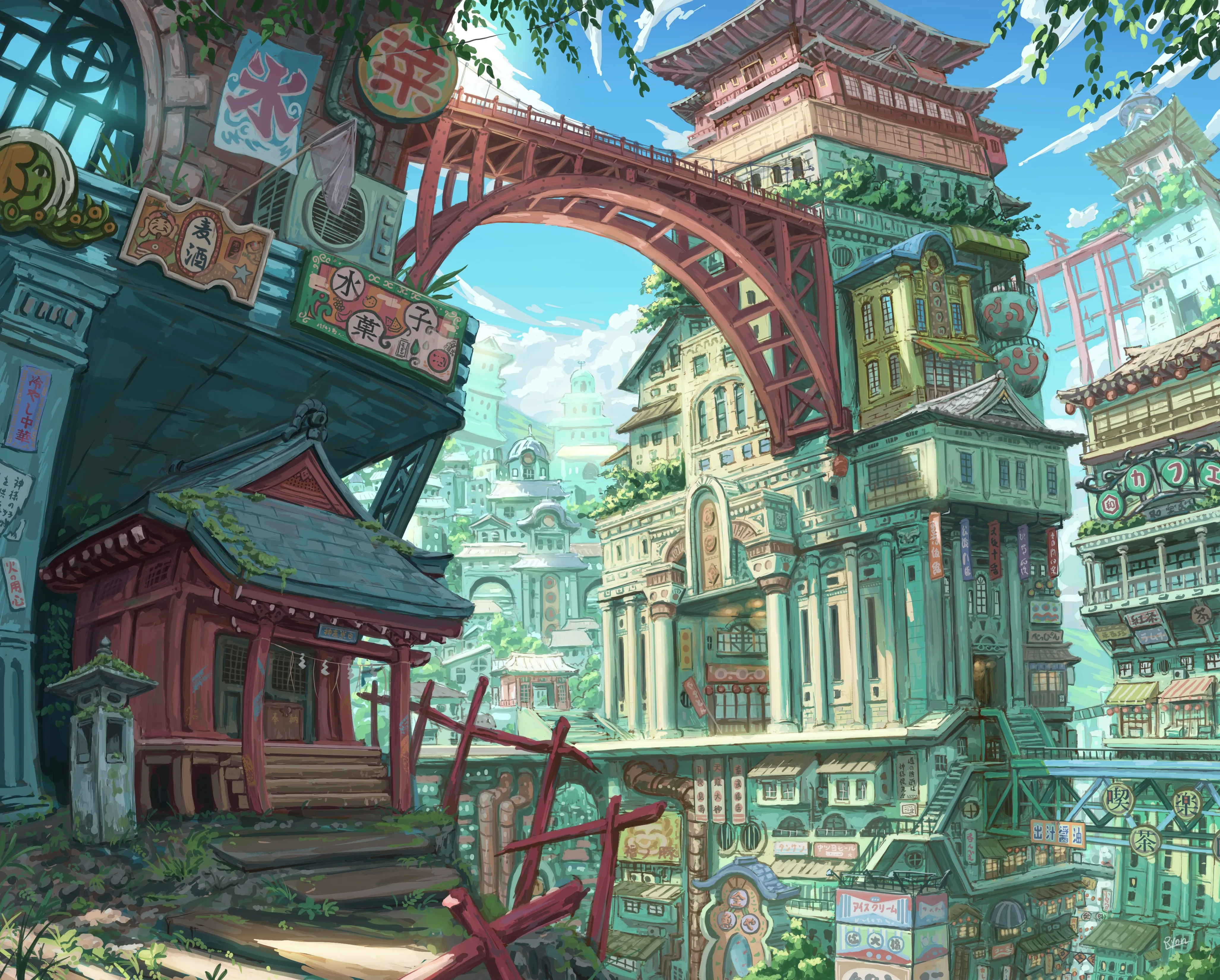 数字 绘画 城镇 街道 桥梁 建筑 环境 云 天空 标志 阳光 插图 4K壁纸