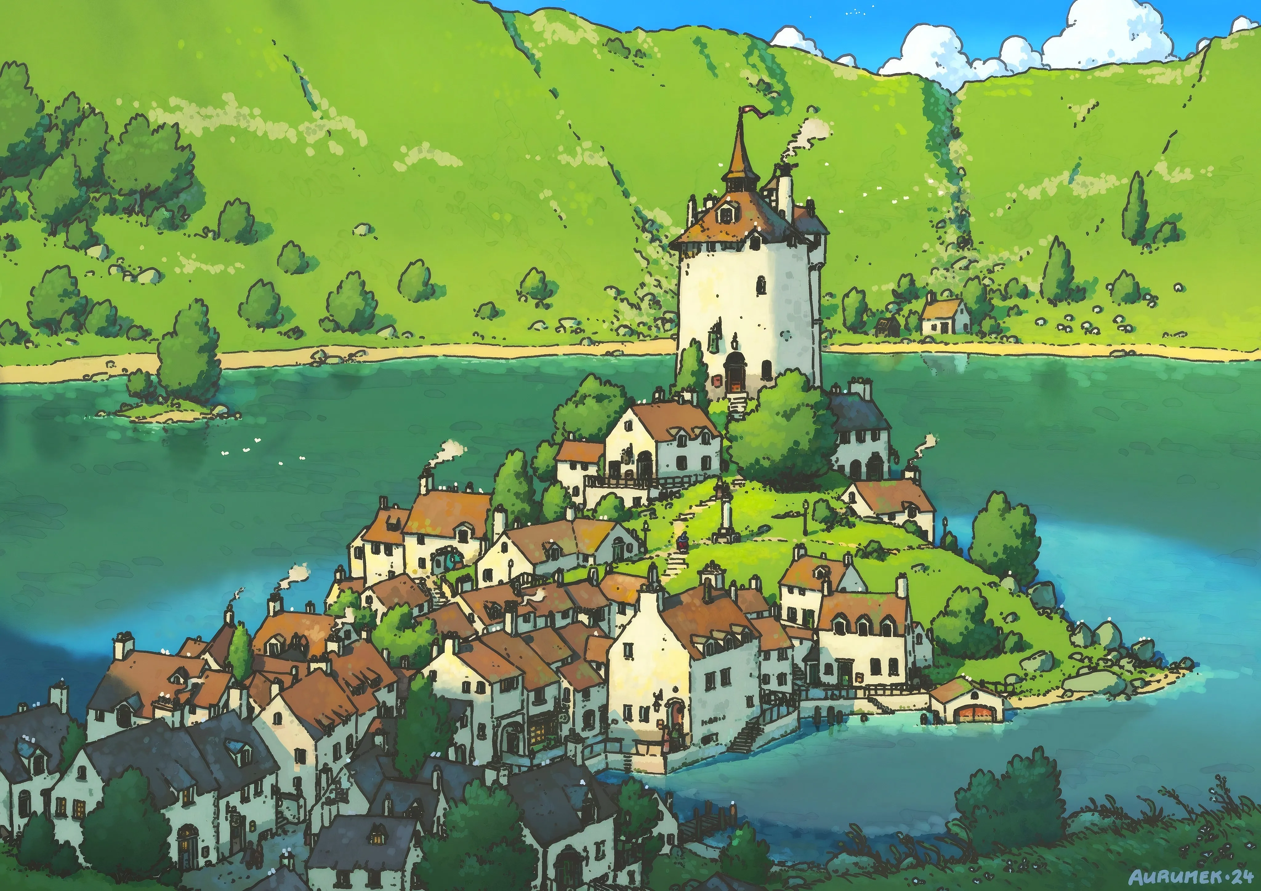 岛屿 塔 城镇 码头 路径 数字 艺术 倒影 云 水 天空 树 草 阳光 4K壁纸