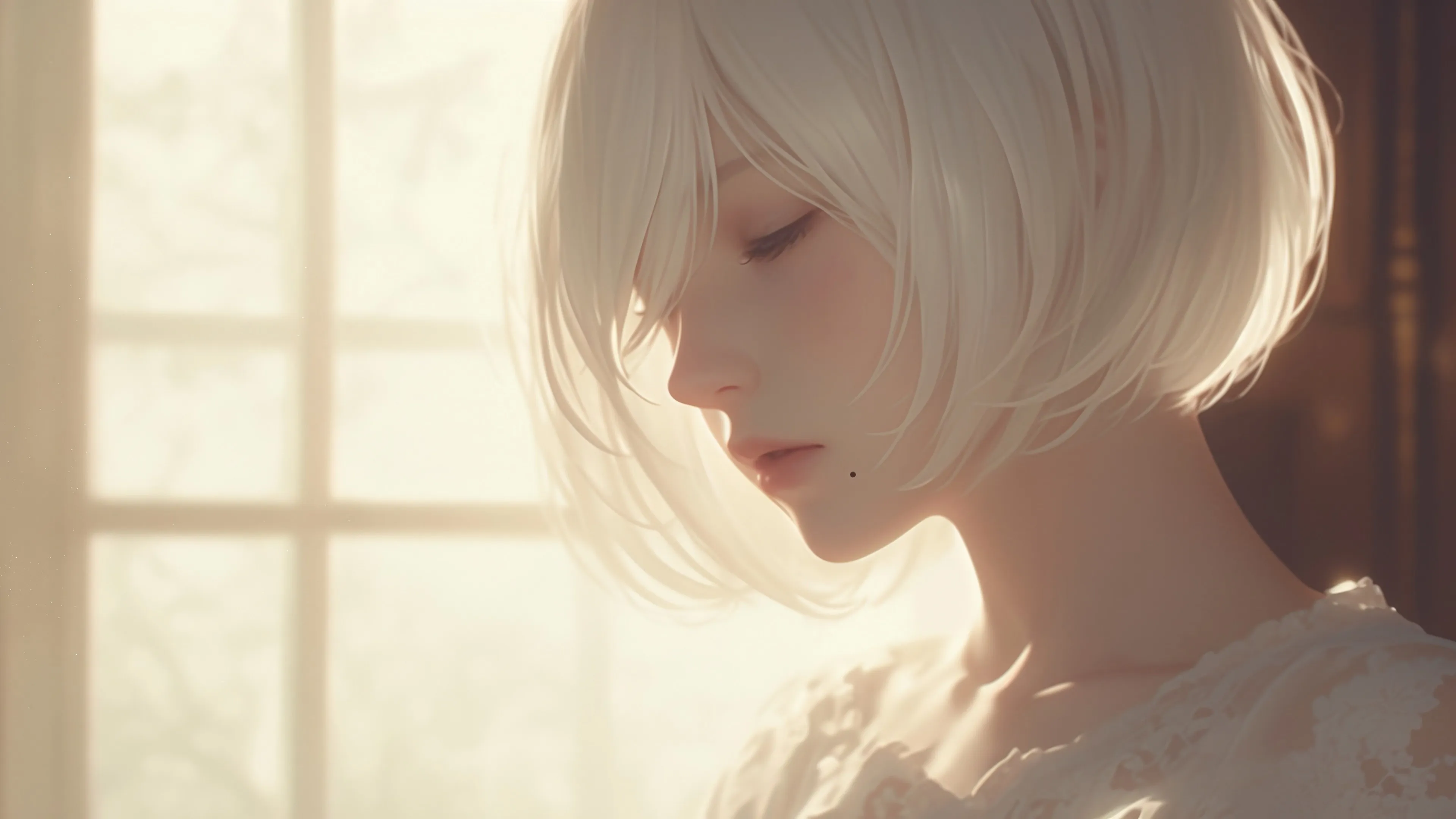 2b 闭眼 唯美 短发 波波头 4K 壁纸 痣 动漫 4K壁纸
