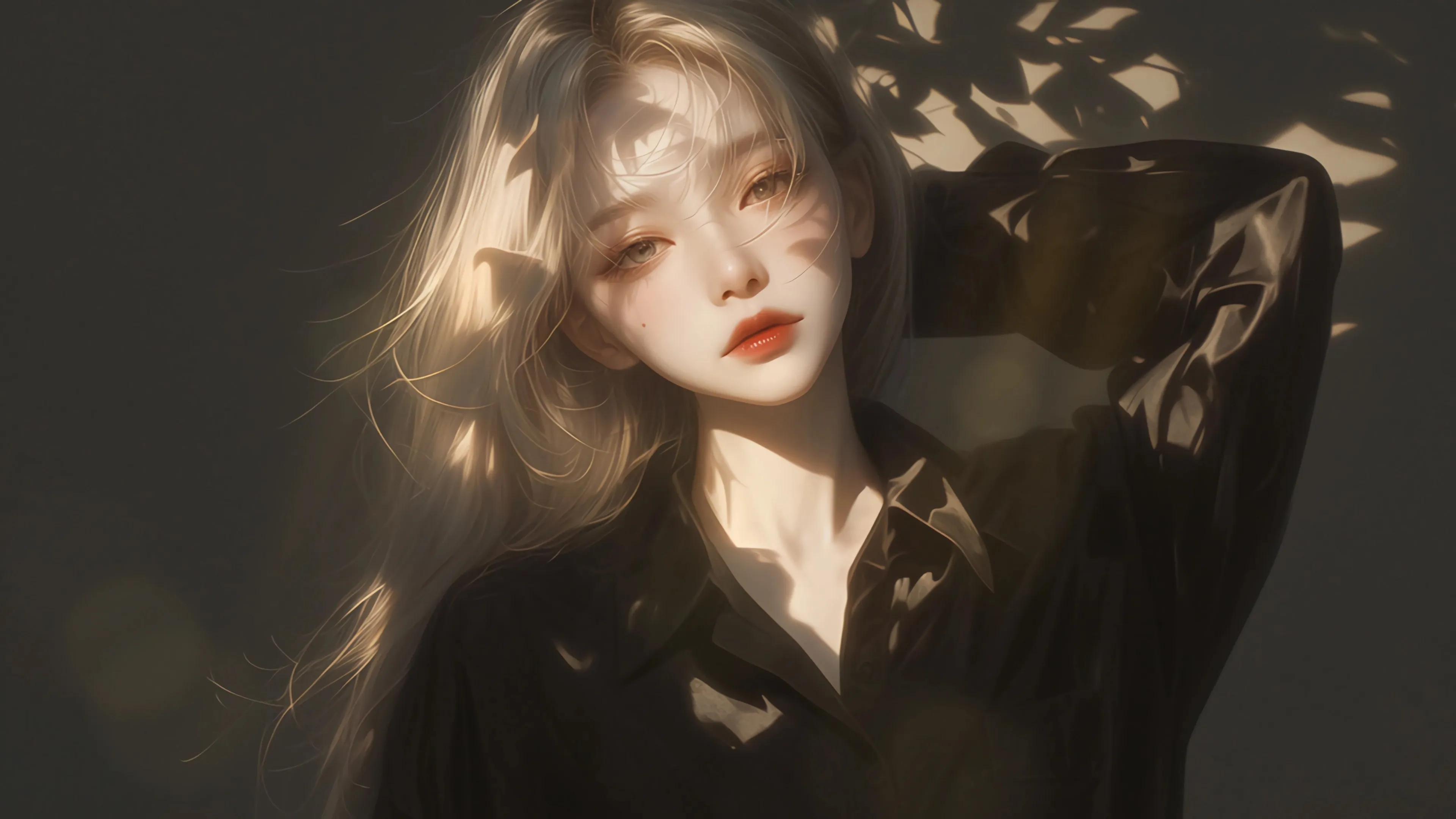 暗色系 动漫 少女 长发 黑色衣服 光斑 酷 4K壁纸