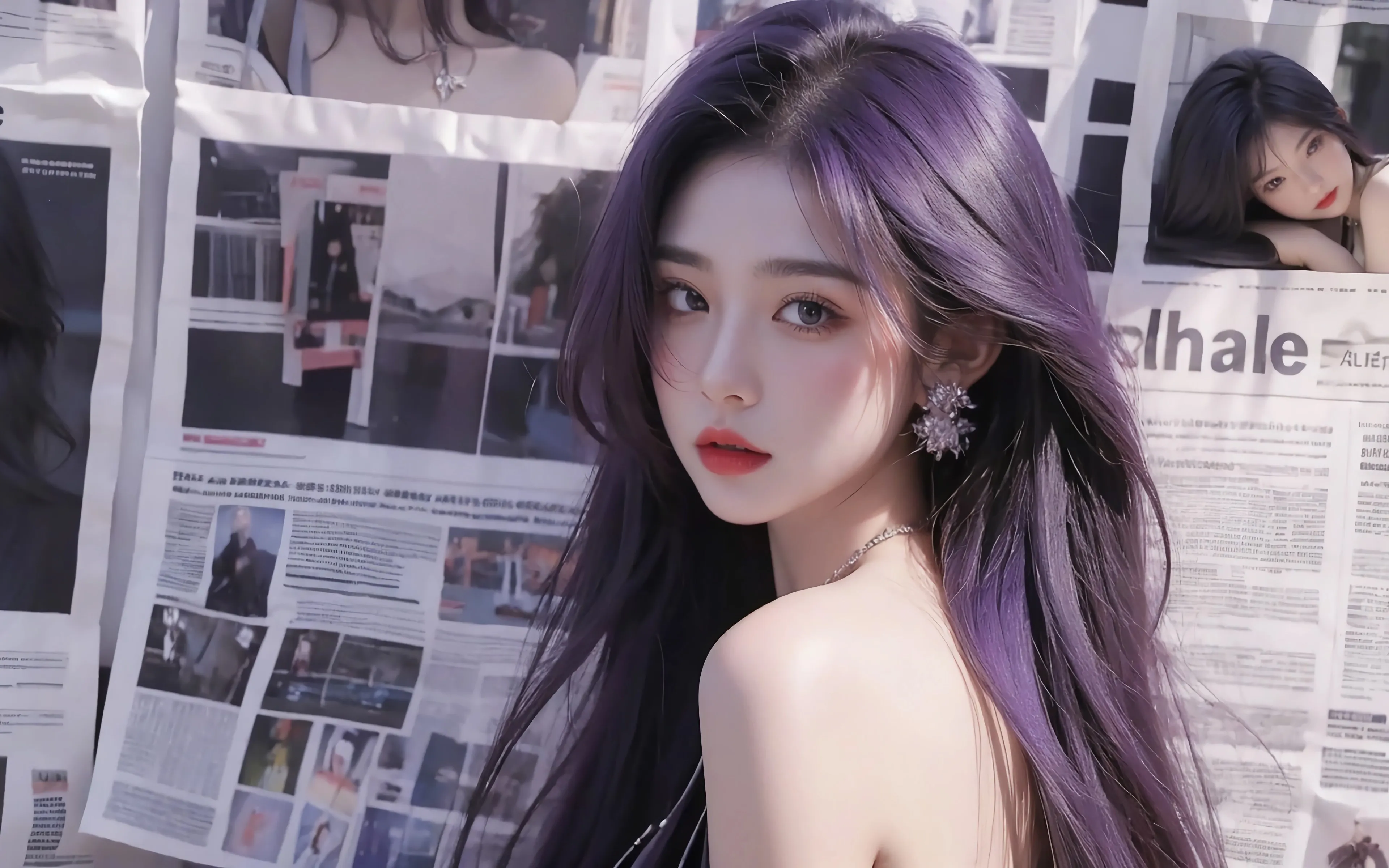 报纸墙 美女 回眸 一笑 回头 4K 4K壁纸