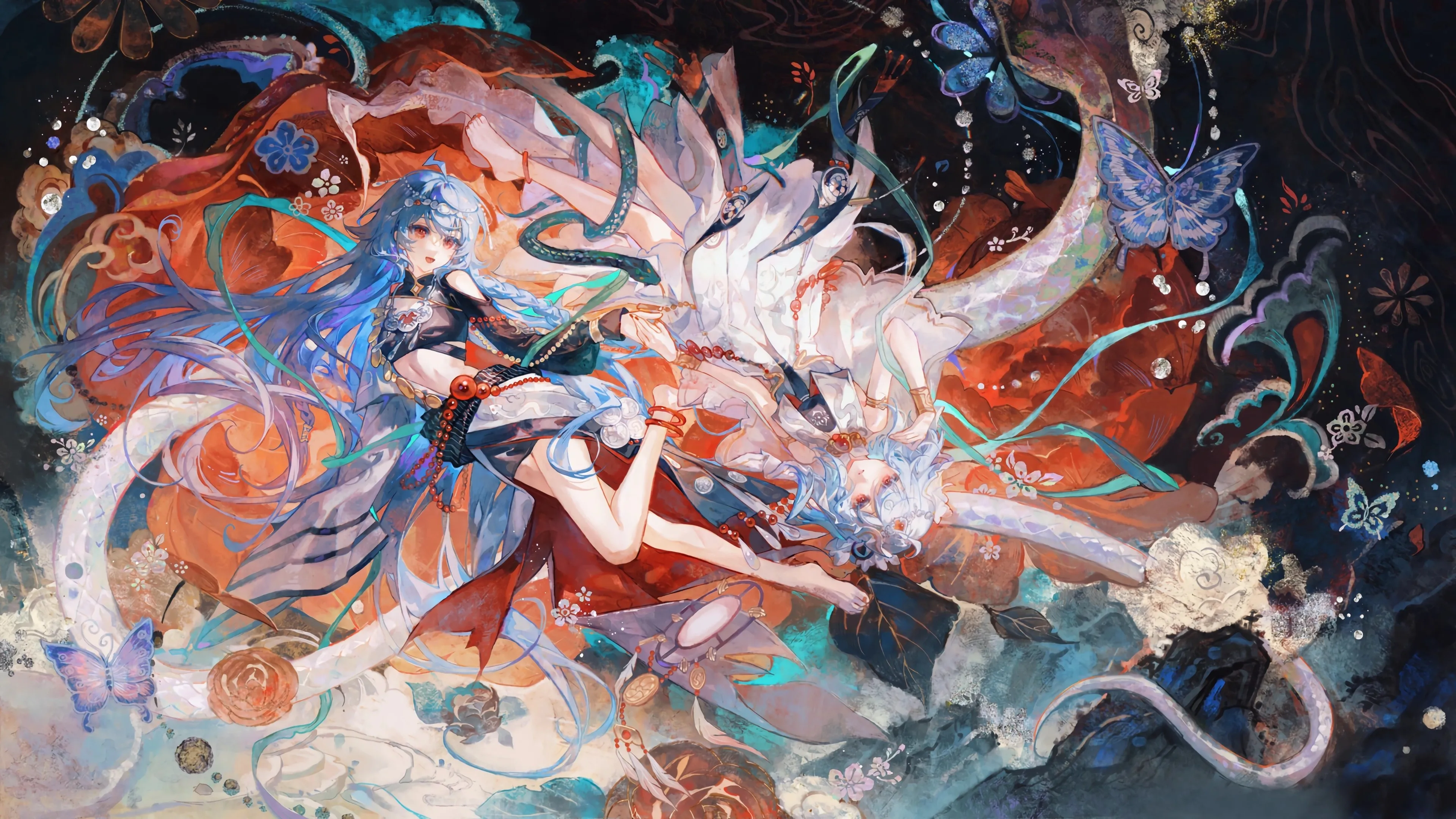 动漫 女孩 花 蝴蝶 新年 春节 绘画 4K壁纸