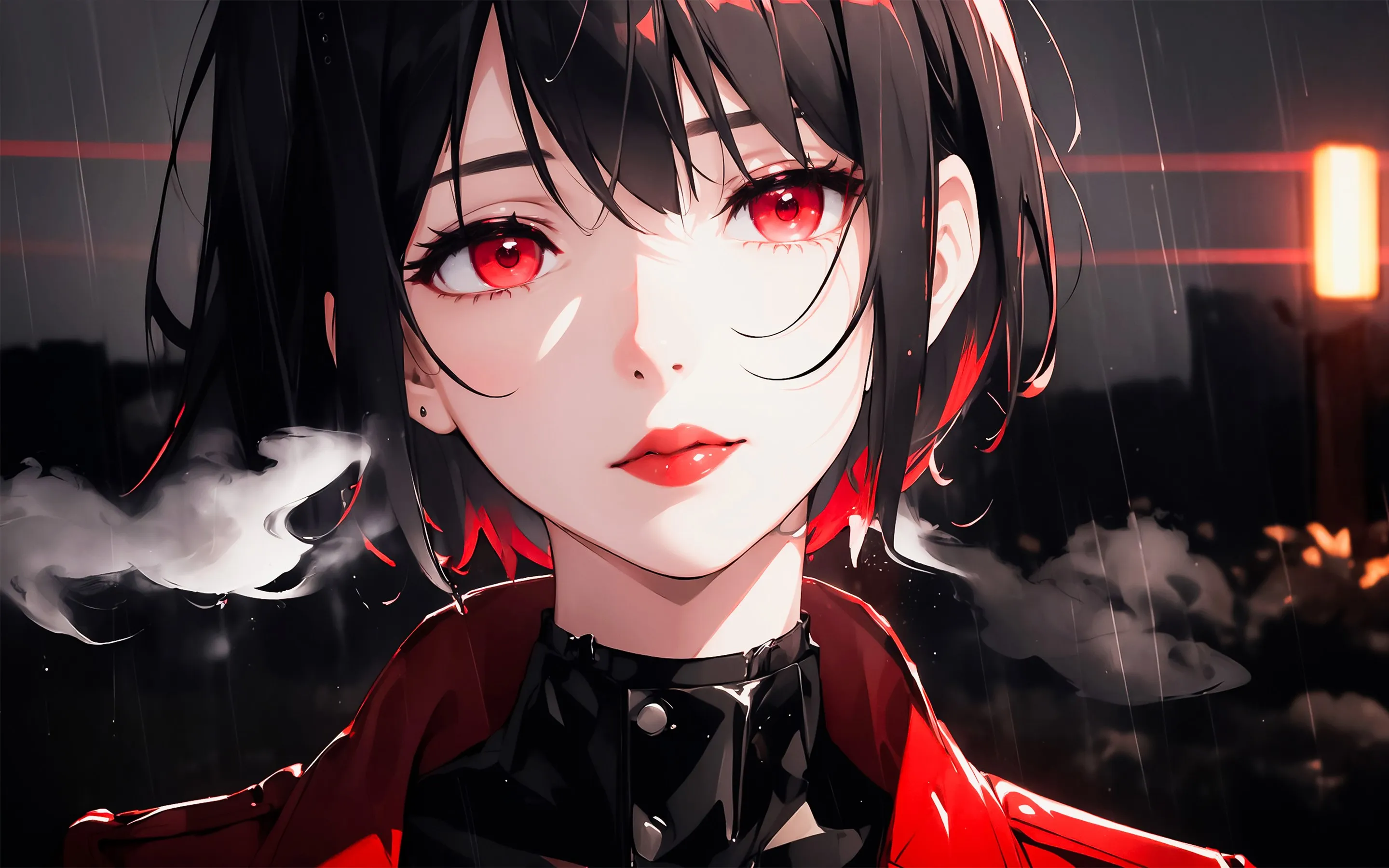红眼睛 动漫 女孩 下雨 雨 2K壁纸
