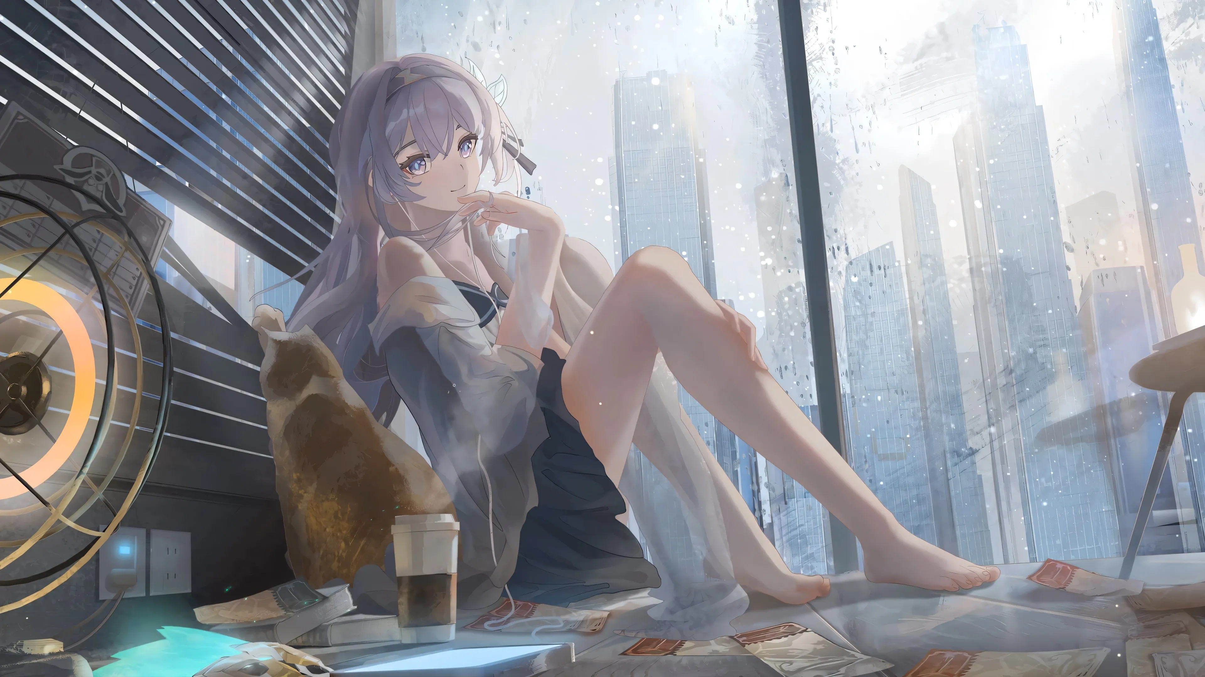 少女 休闲 玻璃 窗 女孩 坐着 咖啡 暖炉 4K壁纸