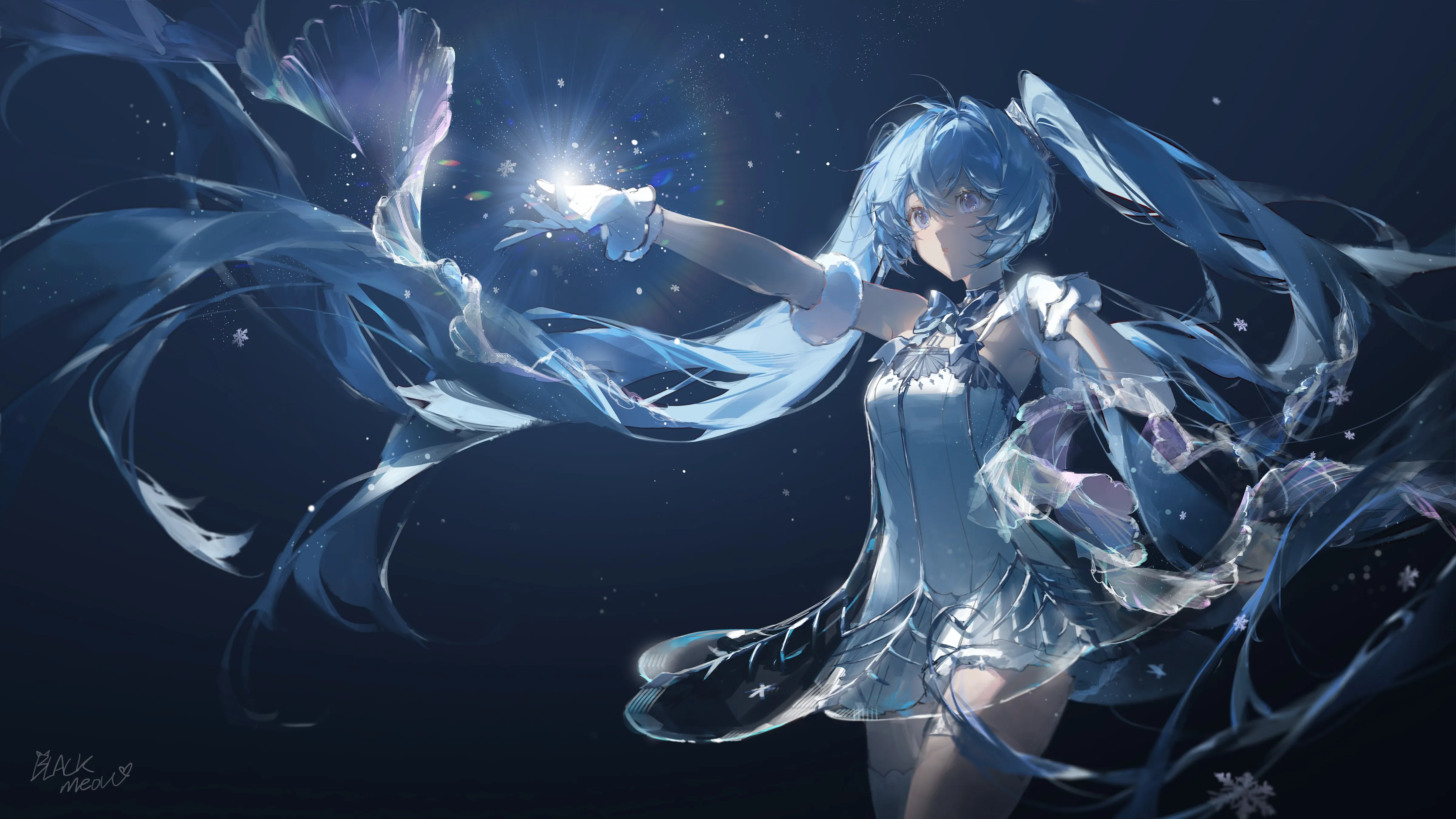 蓝眼睛 长发 蓝头发 站立 初音未来 动漫 女孩 透视 简单背景 连衣裙 宽屏 手套 发光 雪花 双胞胎 4K壁纸