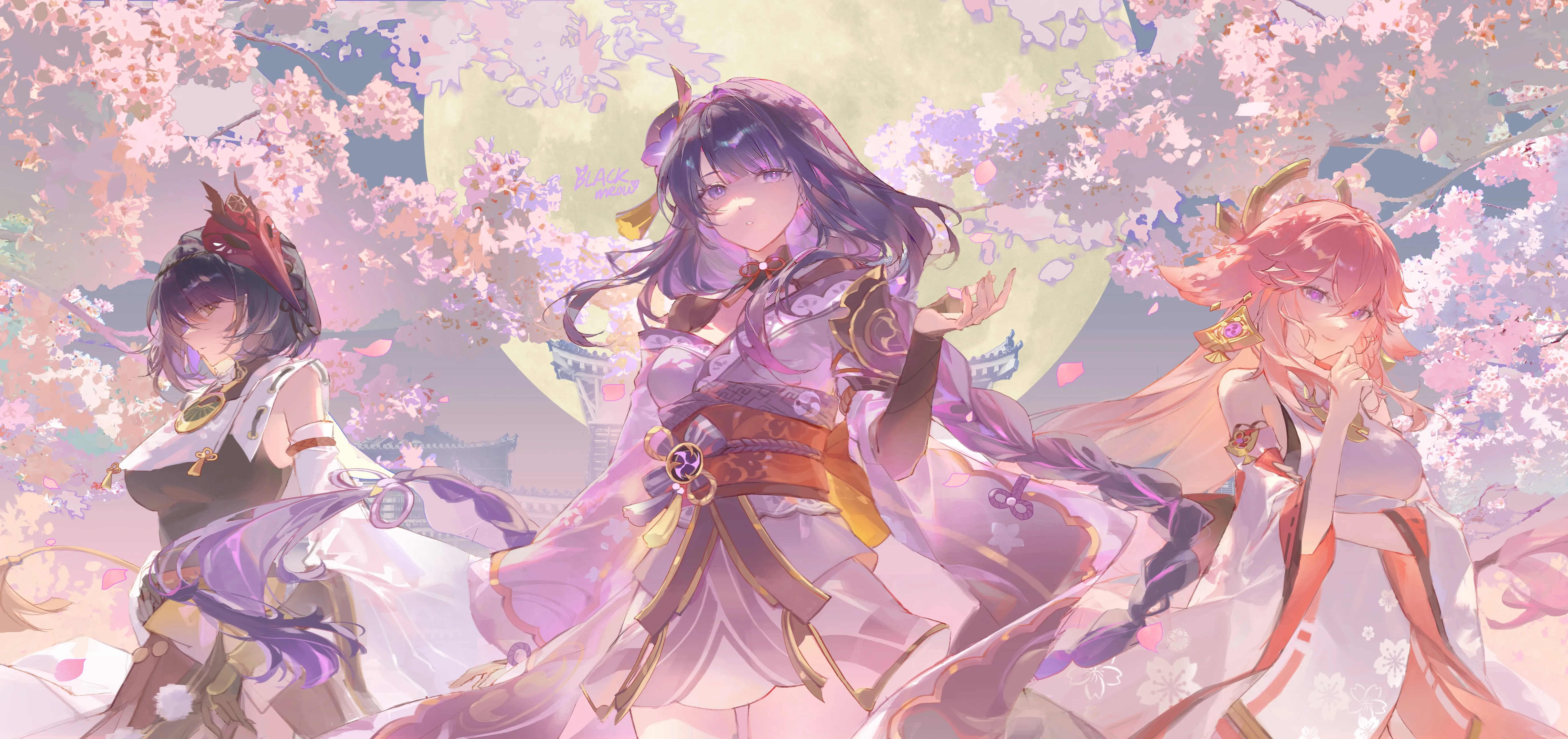 女性 长发 户外 满月 动漫 女孩 樱花 九条萨拉 头饰 花朵 花瓣 紫色 眼睛 春天 夜晚 4K壁纸